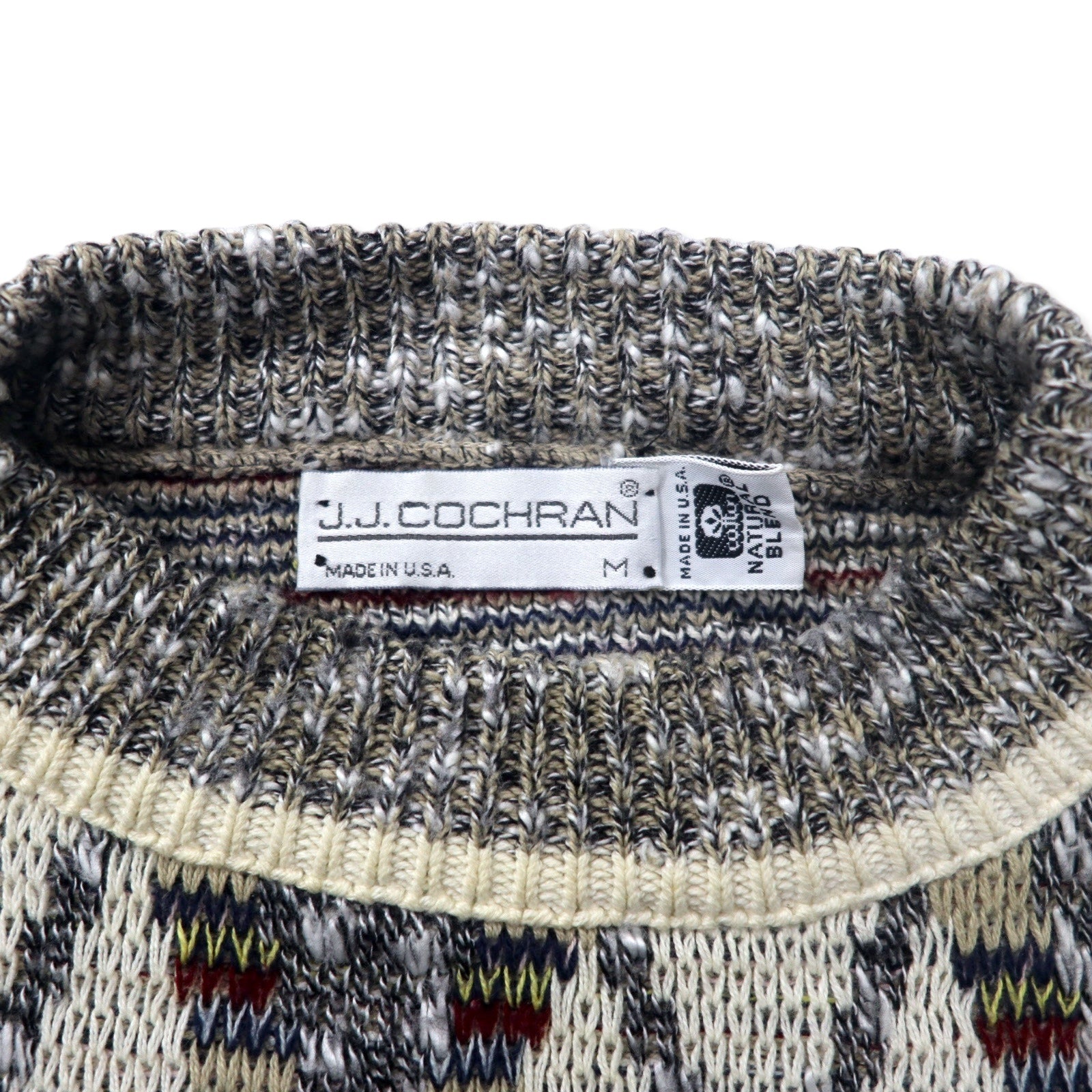 J.J.COCHRAN Made in USA anni '90 fantasia bottiglia collo maglione M bianco cotone NATURAL BLEND
