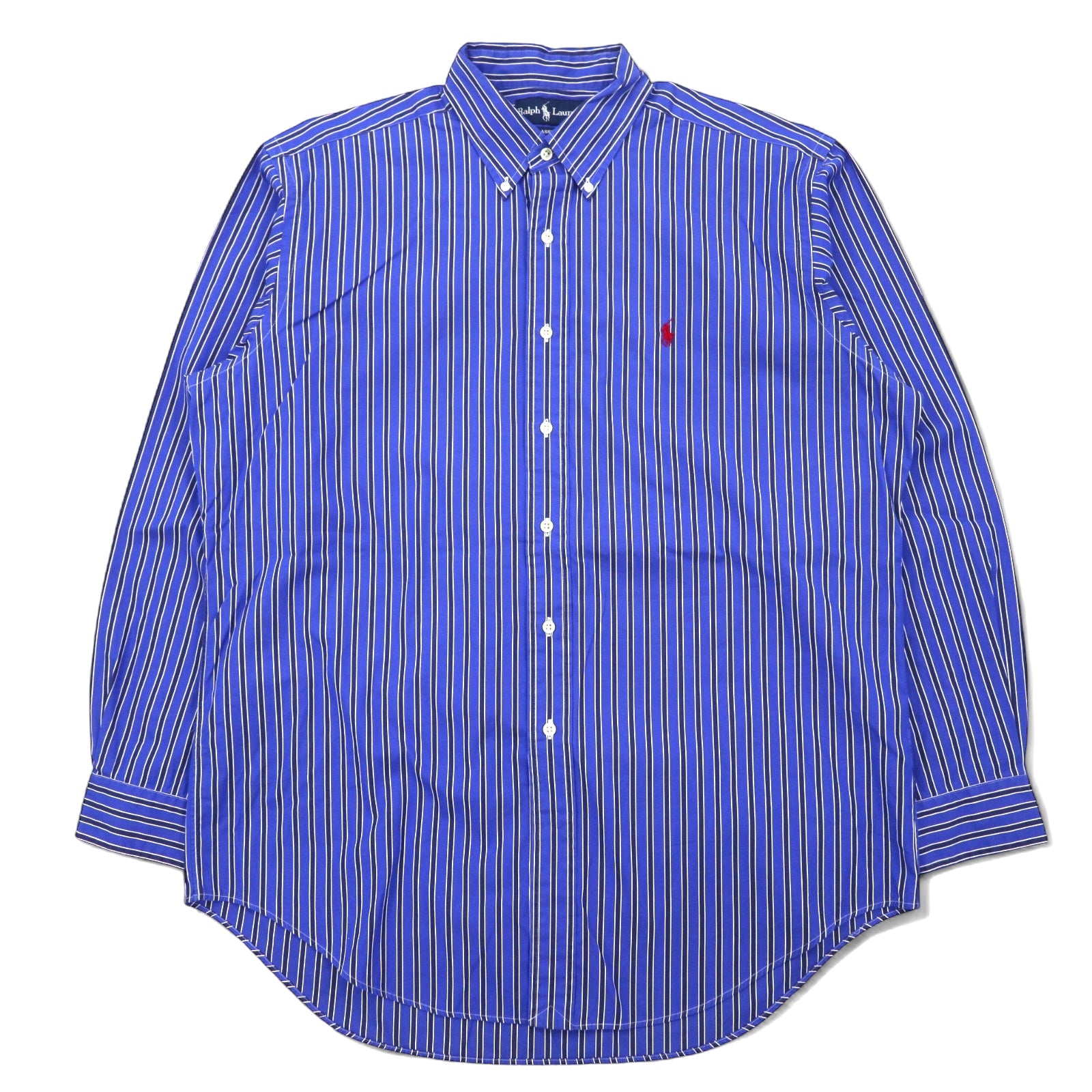 RALPH LAUREN Camicia button-down anni '90, taglia L, blu a righe, cotone, piccolo ricamo pony, vestibilità classica CLASSIC FIT