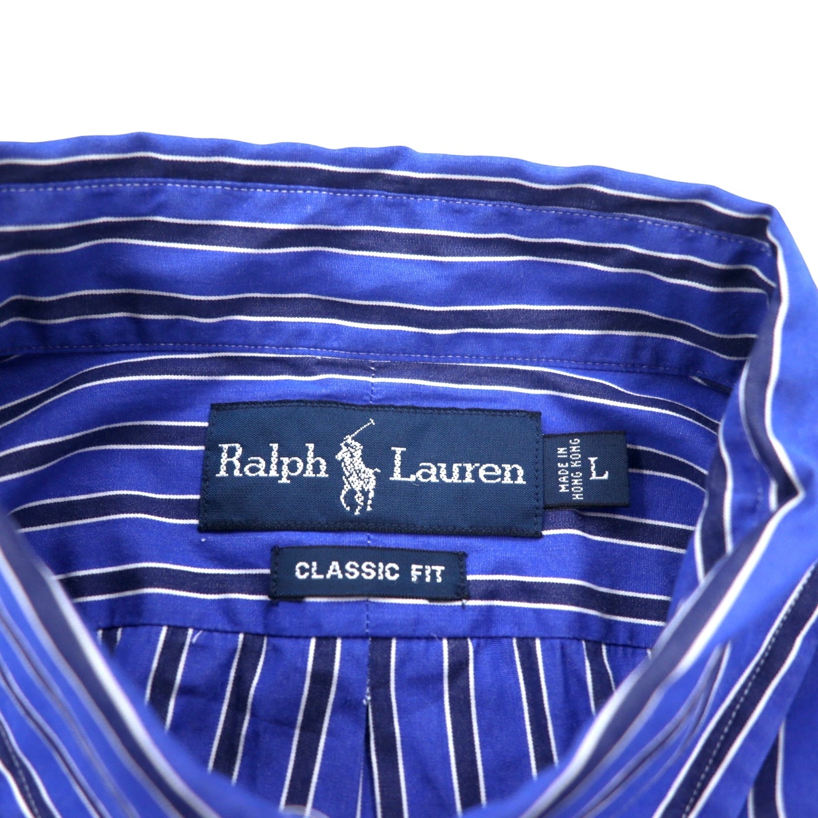 RALPH LAUREN Camicia button-down anni '90, taglia L, blu a righe, cotone, piccolo ricamo pony, vestibilità classica CLASSIC FIT