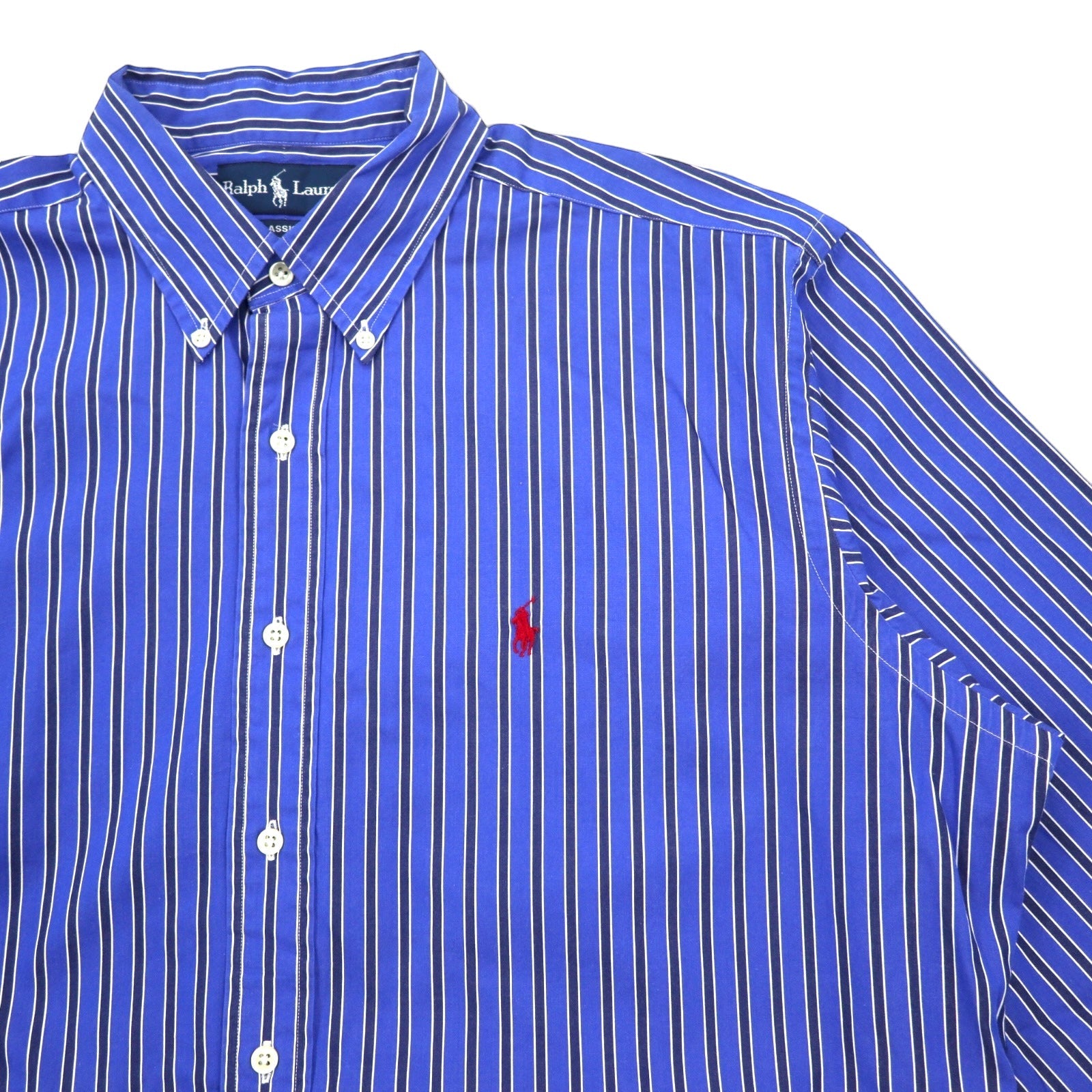 RALPH LAUREN Camicia button-down anni '90, taglia L, blu a righe, cotone, piccolo ricamo pony, vestibilità classica CLASSIC FIT