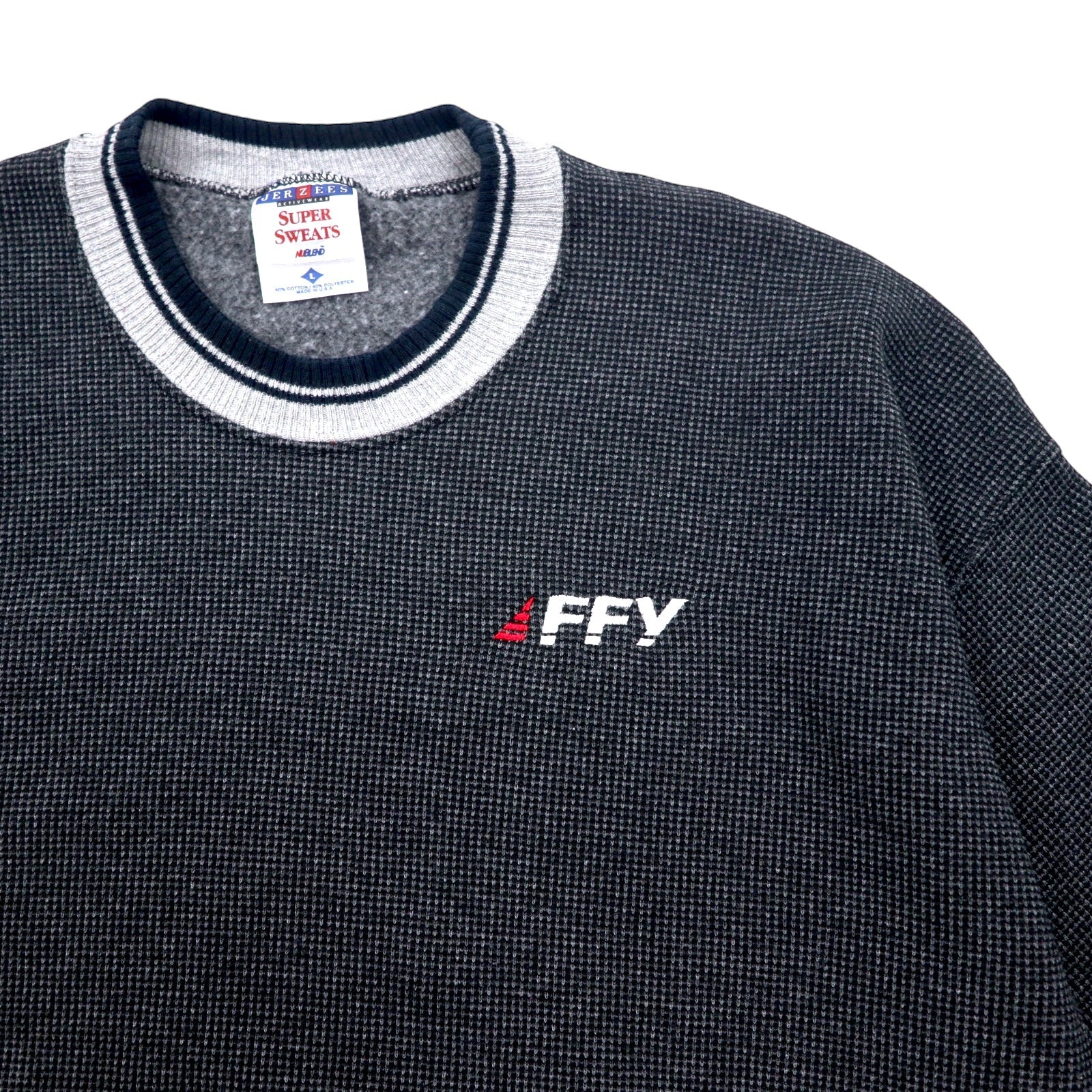 Felpa in waffle JERZEES con righe a coste, anni '90, Made in USA, taglia L, colore grigio, cotone, interno felpato, FFY, ricamo a punto singolo SUPER SWEATS