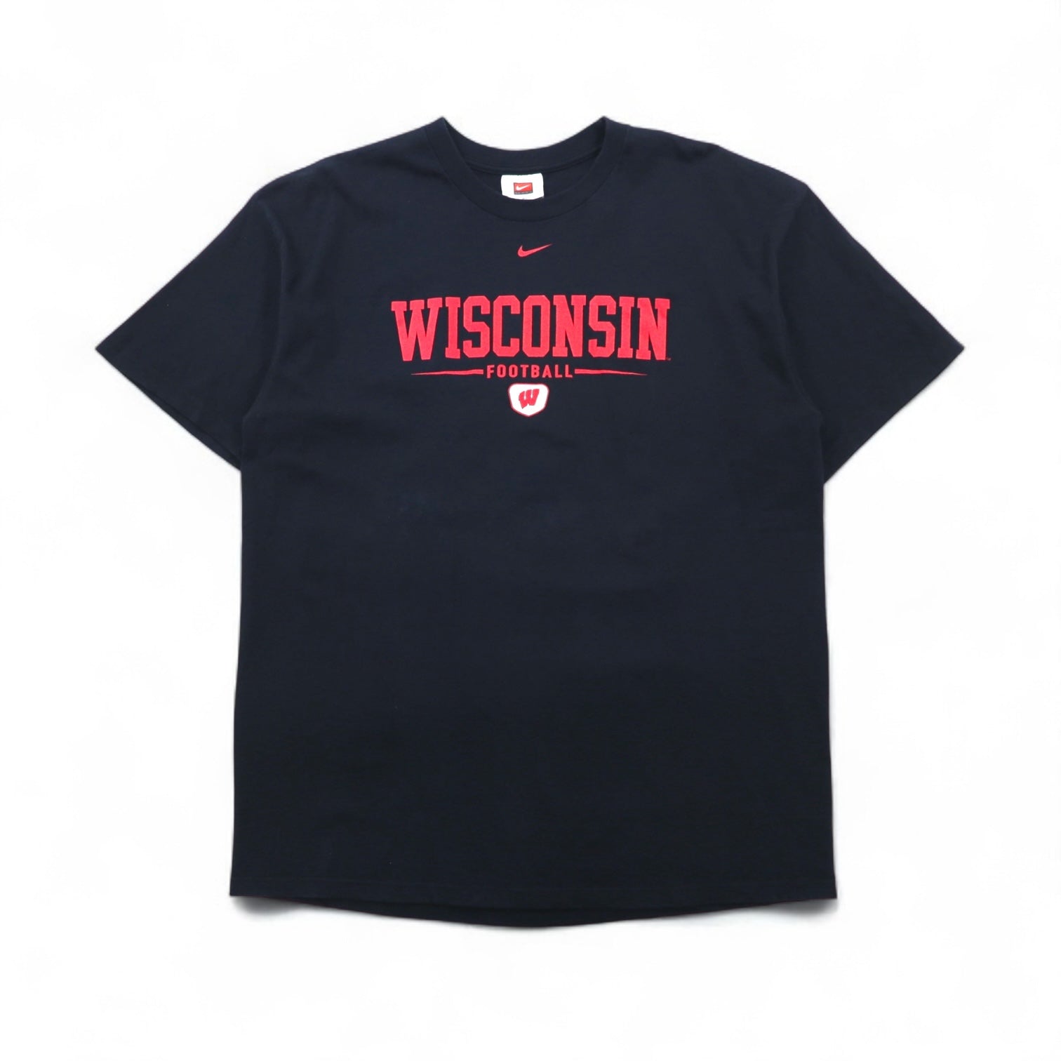 NIKE Anni 2000 T-shirt con stampa college TEAM, XL, nera, WISCONSIN FOOTBALL, Swoosh centrale