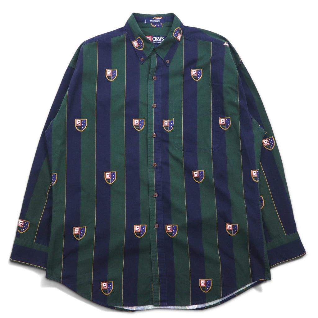 CHAPS RALPH LAUREN 90年代 ボタンダウンシャツ L グリーン ネイビー ストライプ コットン エンブレムロゴ