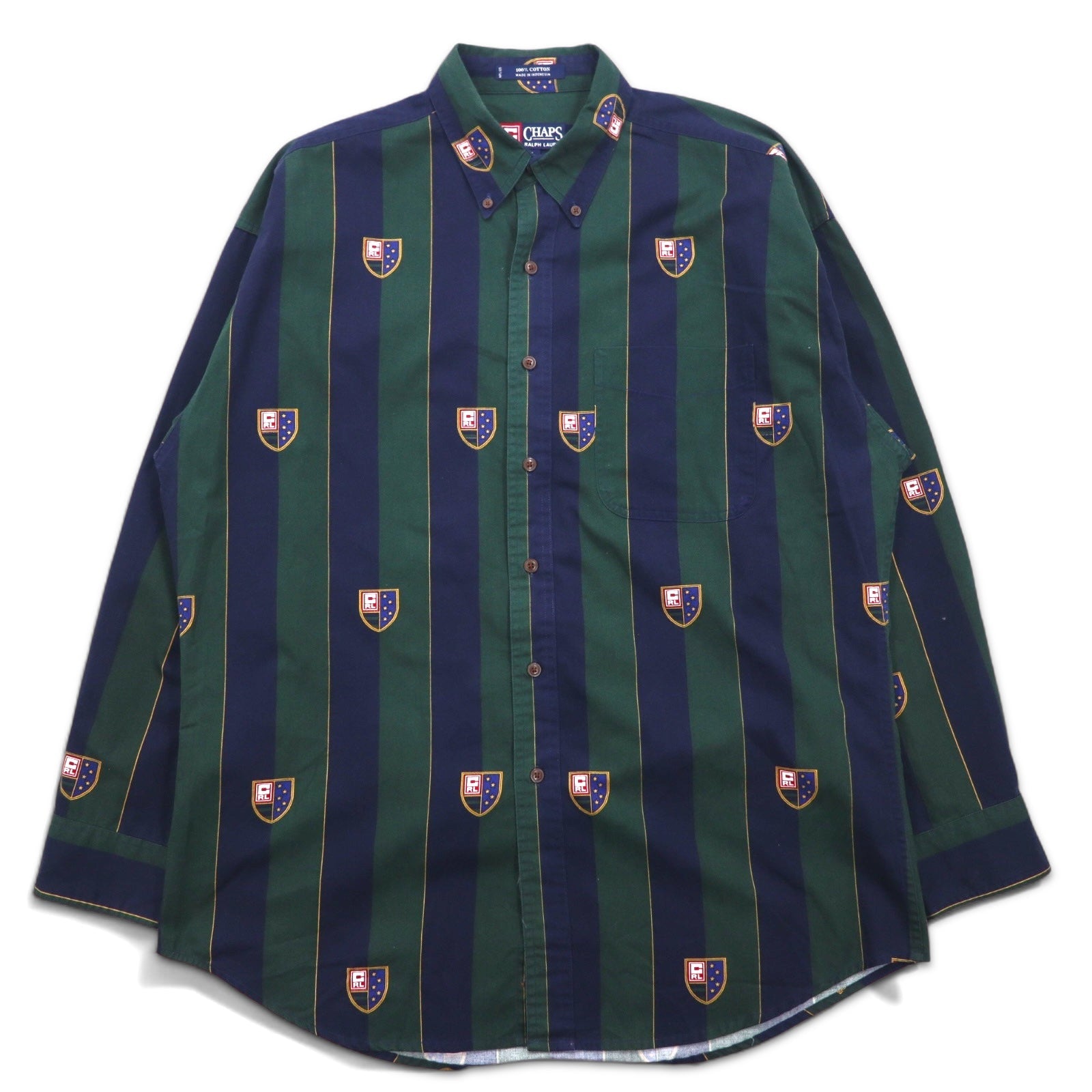 CHAPS RALPH LAUREN anni '90 camicia button-down L verde navy a righe cotone logo a stemma
