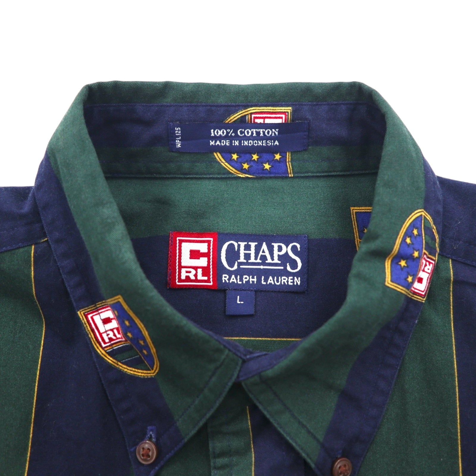CHAPS RALPH LAUREN anni '90 camicia button-down L verde navy a righe cotone logo a stemma