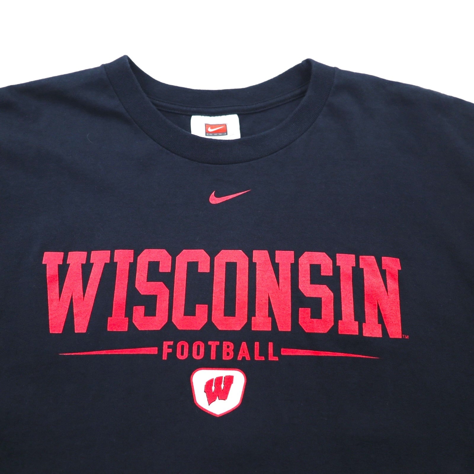 NIKE Anni 2000 T-shirt con stampa college TEAM, XL, nera, WISCONSIN FOOTBALL, Swoosh centrale
