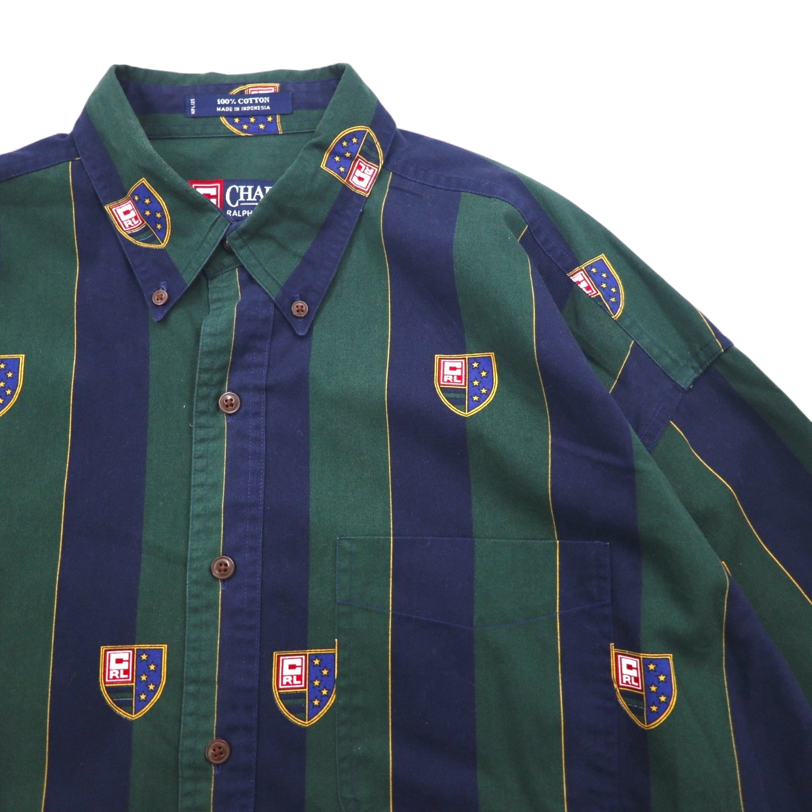 CHAPS RALPH LAUREN anni '90 camicia button-down L verde navy a righe cotone logo a stemma