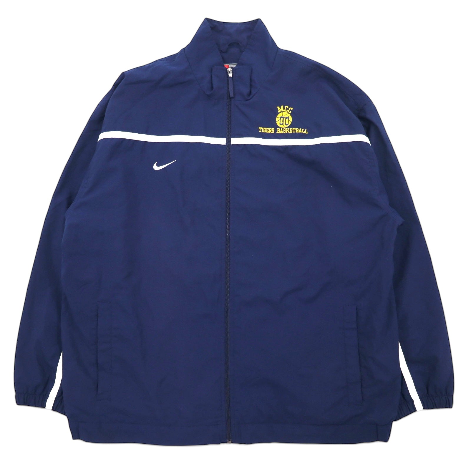 NIKE Anni '90, Giacca in nylon con etichetta TEAM, giacca da pista, tuta da ginnastica, XXL, blu navy, fodera in mesh, MCC TIGERS BASKETBALL, ricamo Swoosh