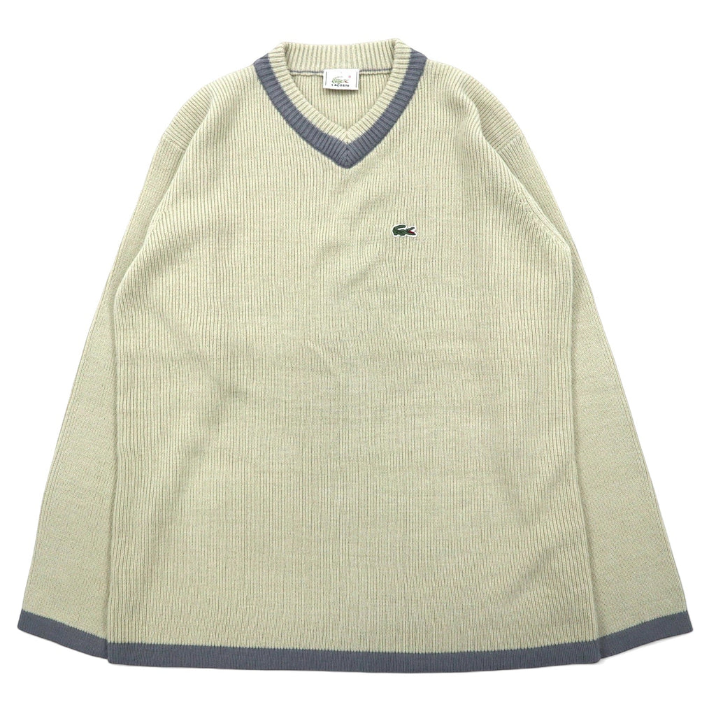 LACOSTE anni '90 maglione V-neck stile Tilden taglia L beige acrilico con logo