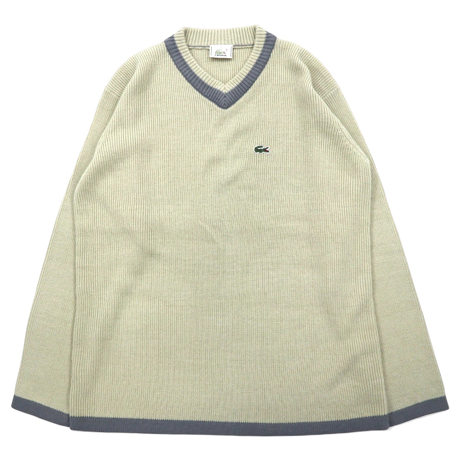 LACOSTE anni '90 maglione V-neck stile Tilden taglia L beige acrilico con logo