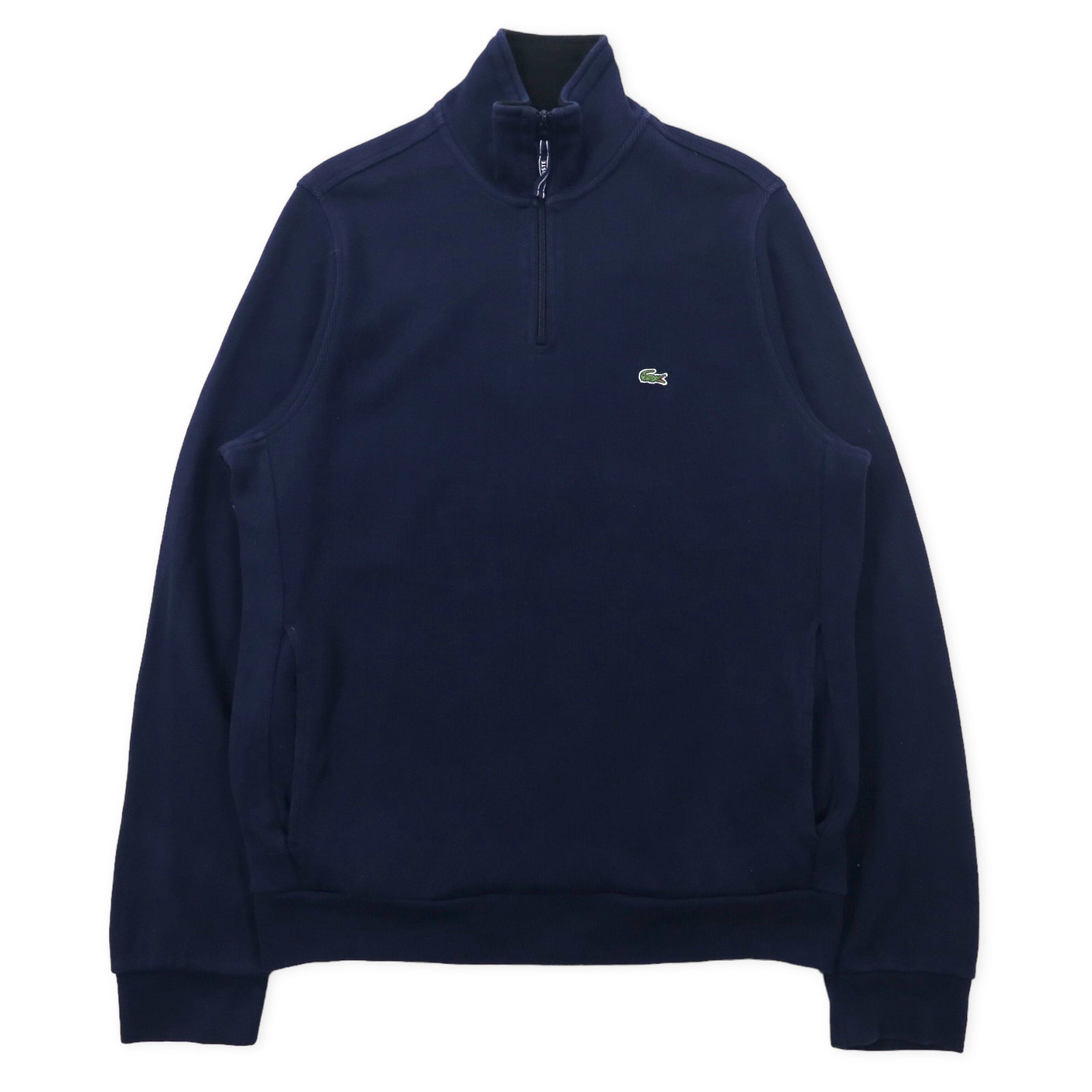 Felpa LACOSTE dolcevita a mezza zip, taglia L, blu navy, in cotone, con logo ricamato.