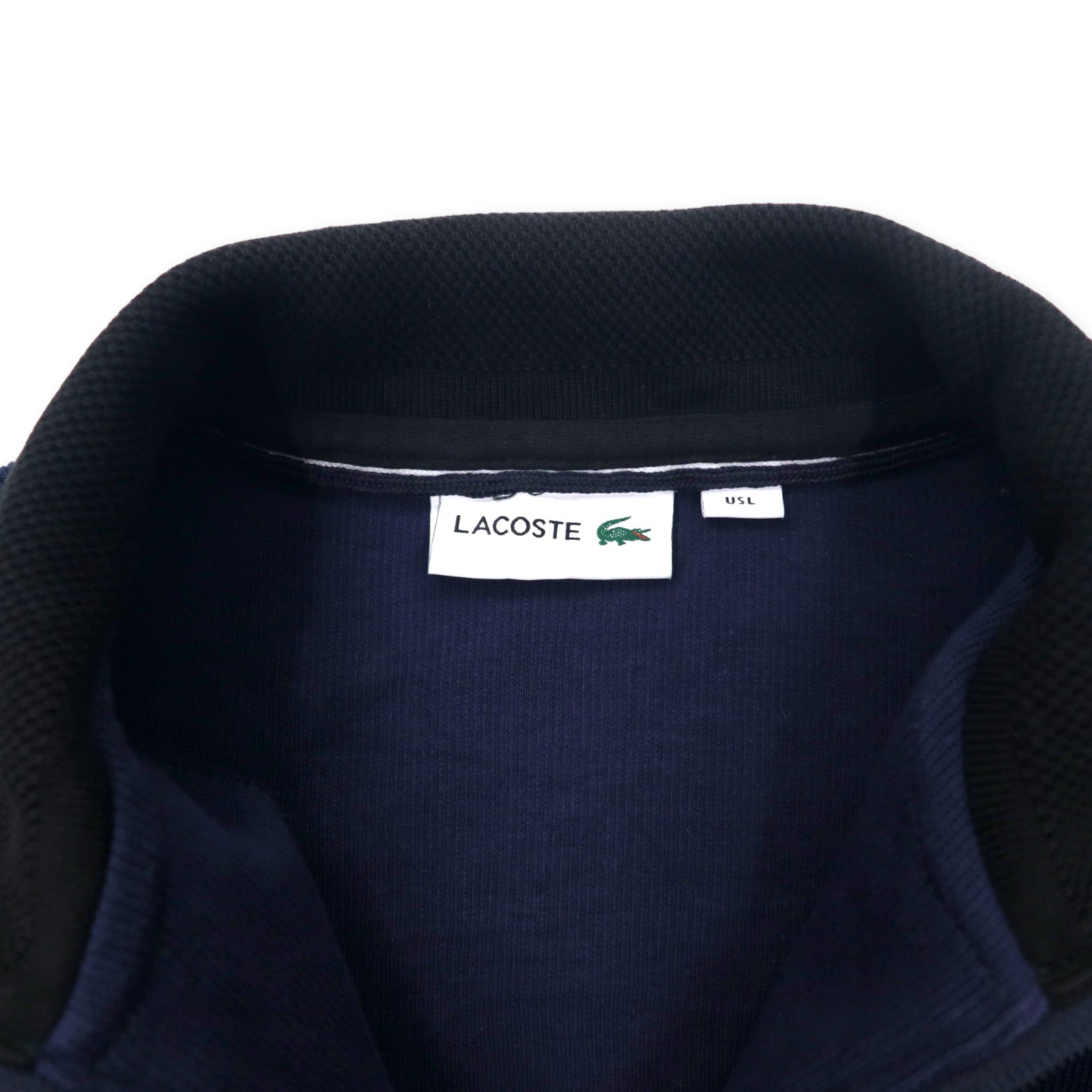 Felpa LACOSTE dolcevita a mezza zip, taglia L, blu navy, in cotone, con logo ricamato.