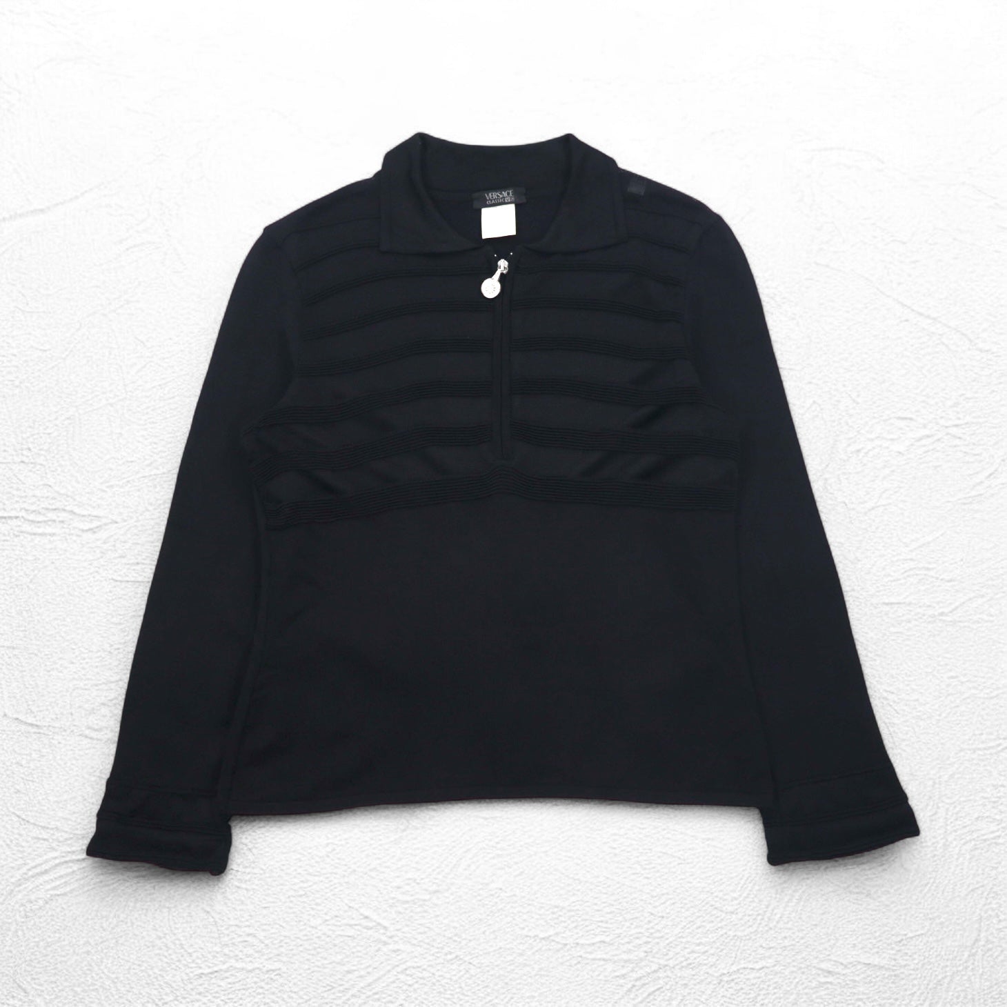 VERSACE CLASSIC V2 Maglia mezza zip in rayon, taglia L, nera, elasticizzata, Made in Italy
