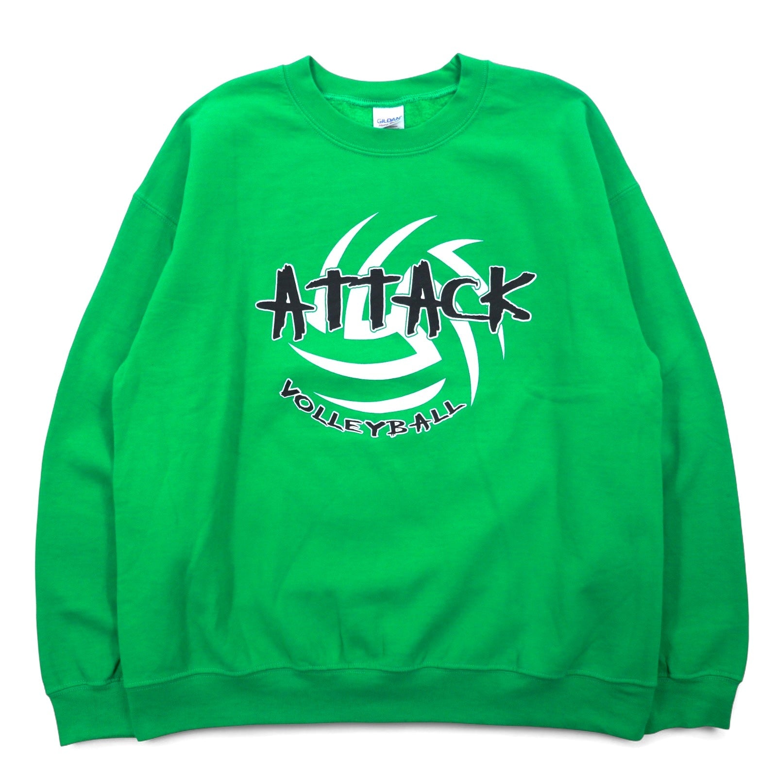 GILDAN Felpa girocollo L verde stampata con interno felpato ATTACK VOLLEYBALL, prodotta in Honduras