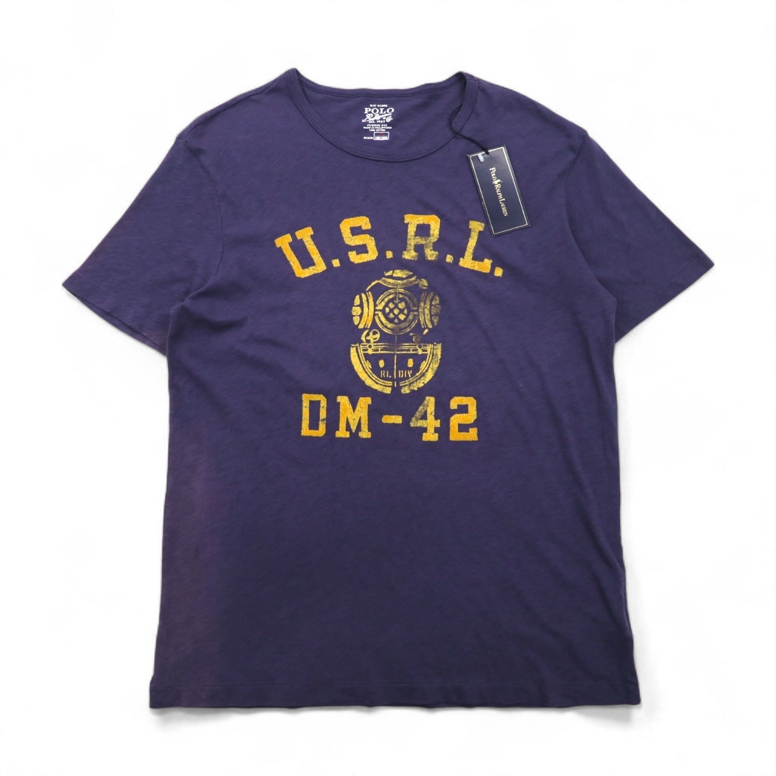 POLO RALPH LAUREN T-shirt con logo stampato U.S.R.L. effetto vintage, taglia XL, colore blu navy, cotone, DM-42, mai indossata