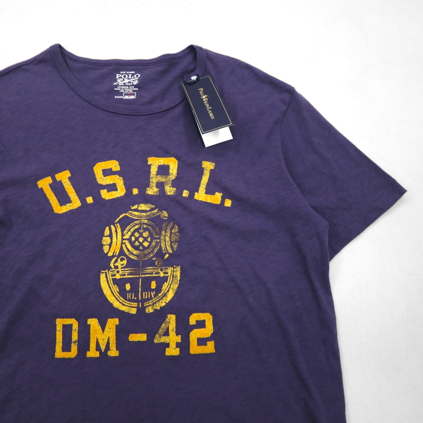 POLO RALPH LAUREN T-shirt con logo stampato U.S.R.L. effetto vintage, taglia XL, colore blu navy, cotone, DM-42, mai indossata
