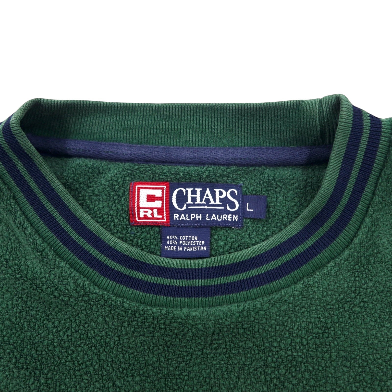 CHAPS RALPH LAUREN anni '90 felpa in spugna con profili a costine, taglia L, verde, cotone, logo ricamato.