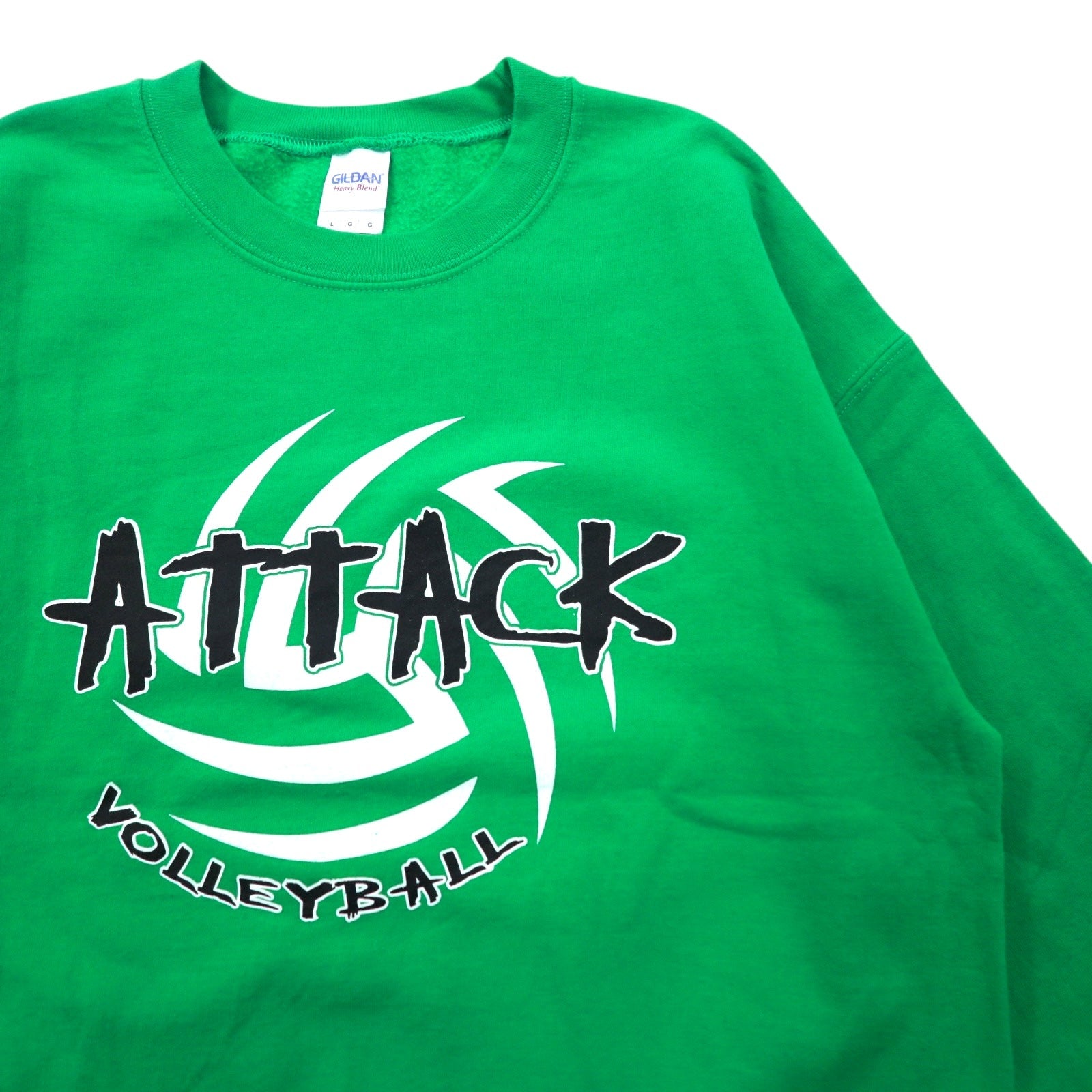 GILDAN Felpa girocollo L verde stampata con interno felpato ATTACK VOLLEYBALL, prodotta in Honduras