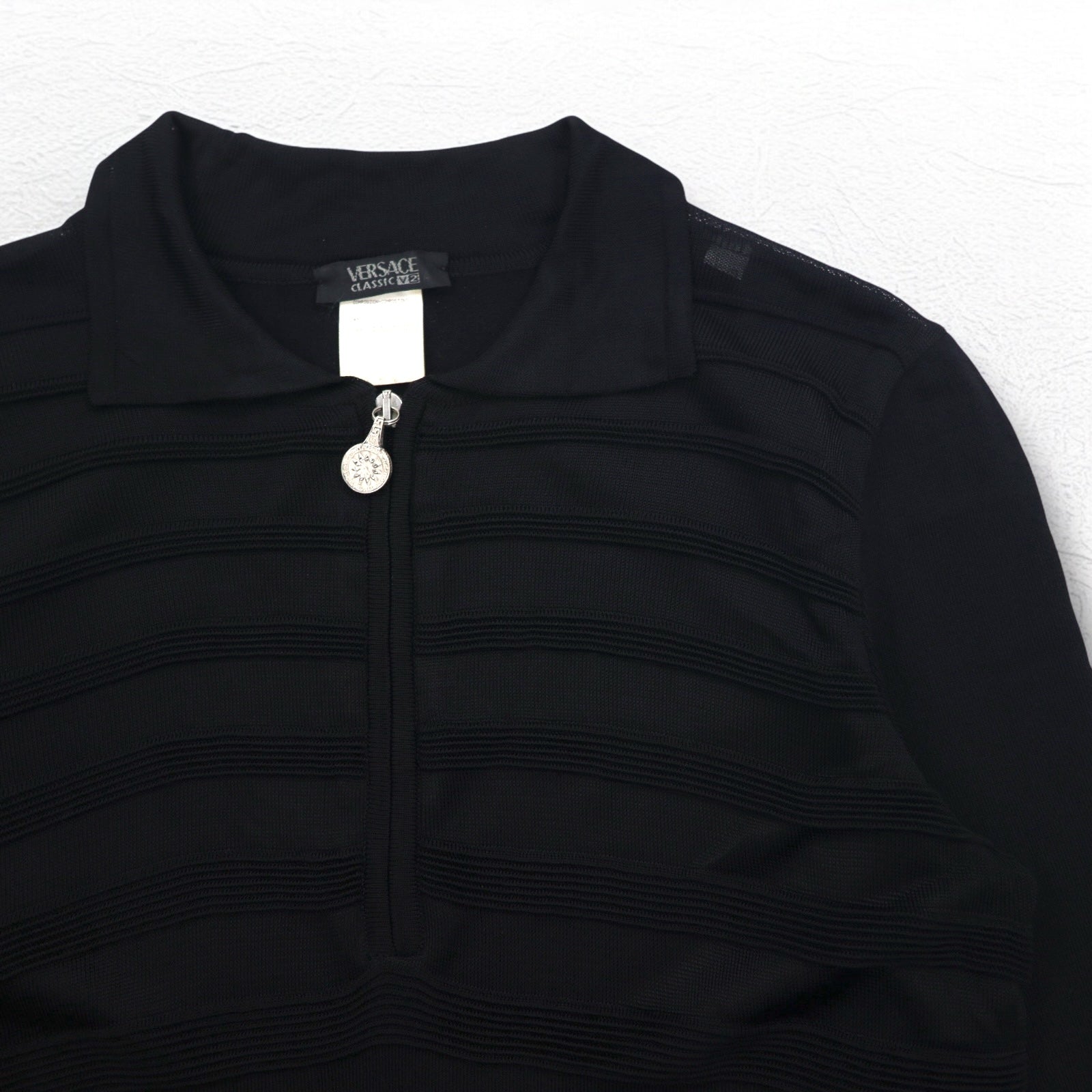 VERSACE CLASSIC V2 Maglia mezza zip in rayon, taglia L, nera, elasticizzata, Made in Italy