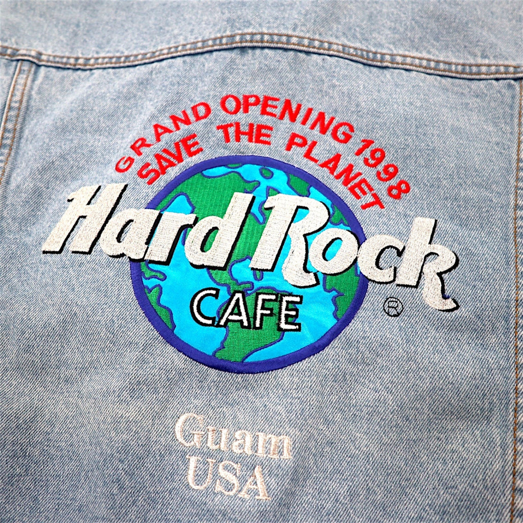 Hard Rock Cafe Anni '90 Giacca di jeans Blouson L Blu Lavaggio chiaro Cotone Ricamo logo posteriore GUAM USA