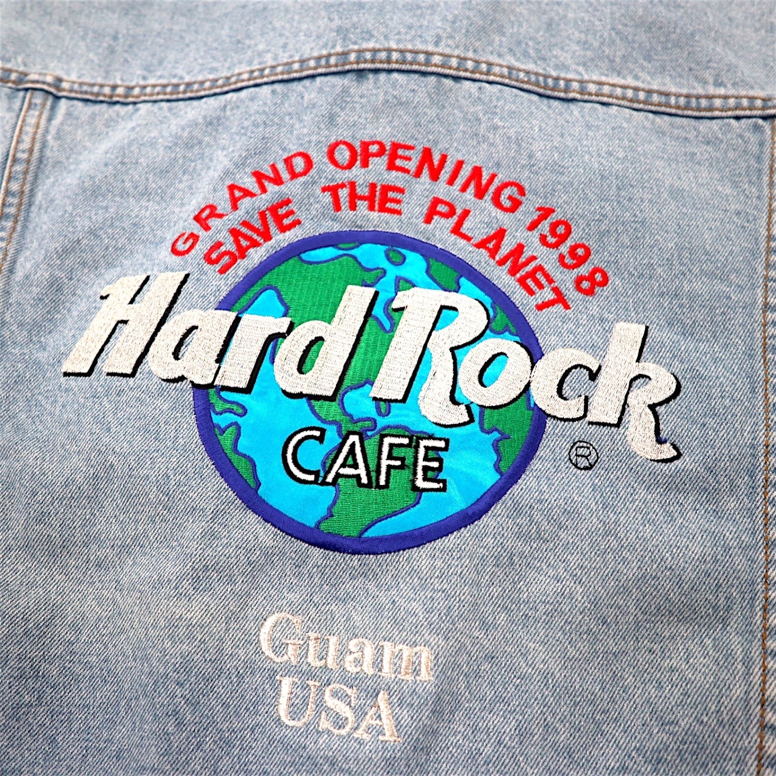 Hard Rock Cafe Anni '90 Giacca di jeans Blouson L Blu Lavaggio chiaro Cotone Ricamo logo posteriore GUAM USA