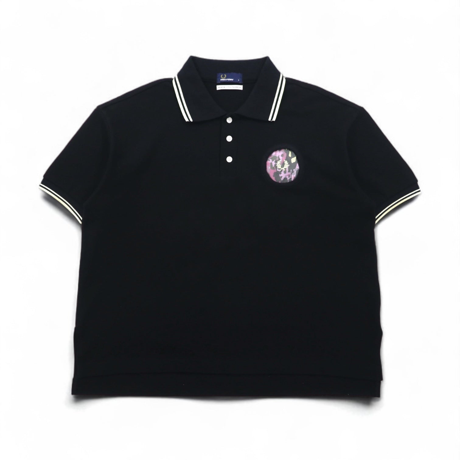 FRED PERRY × AKANE UTSUNOMIYA Polo a maniche corte taglio ampio S nero cotone Piqué Shirt F5334 Made in Japan