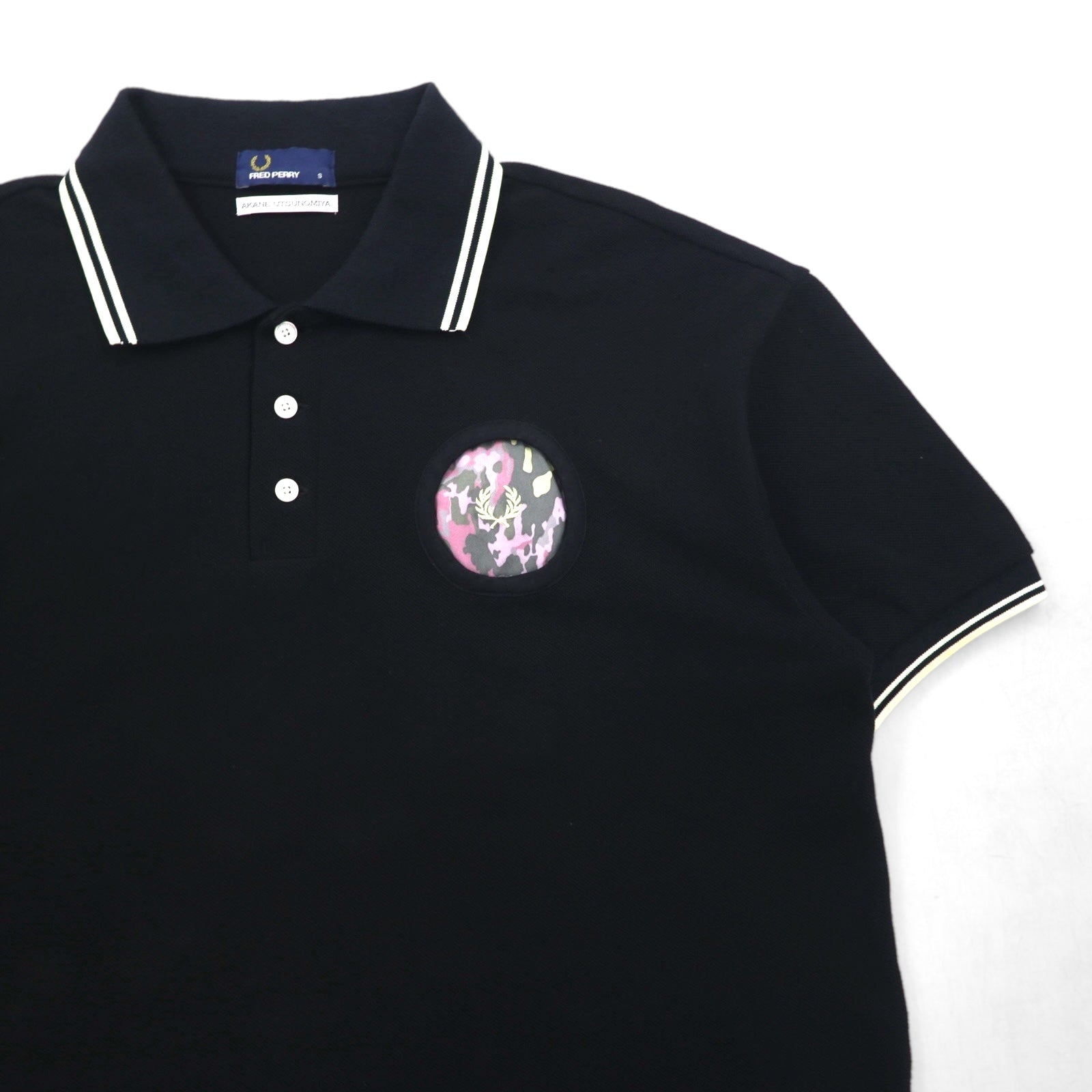 FRED PERRY × AKANE UTSUNOMIYA Polo a maniche corte taglio ampio S nero cotone Piqué Shirt F5334 Made in Japan