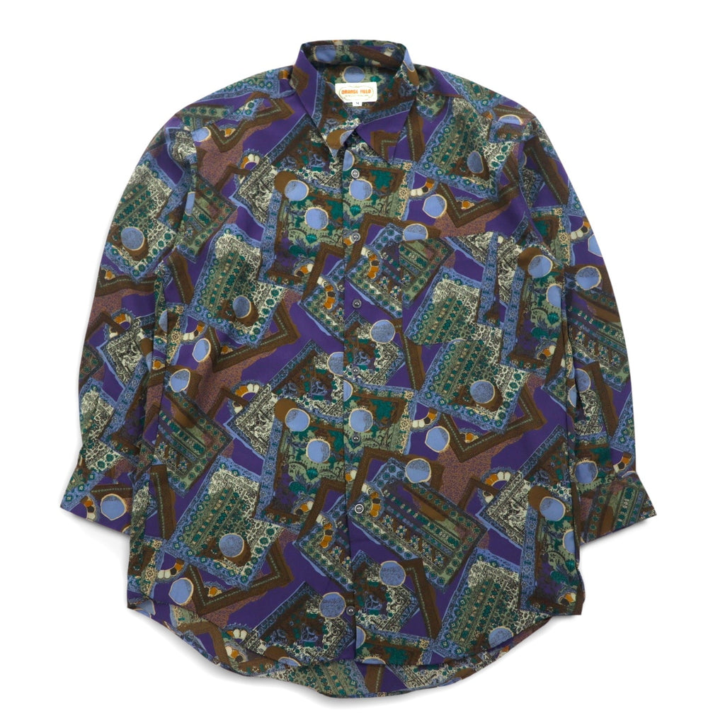 Camicia vintage anni '90 con fantasia geometrica retrò, motivo all-over ORANGE FIELD, poliestere, taglia M, colore viola