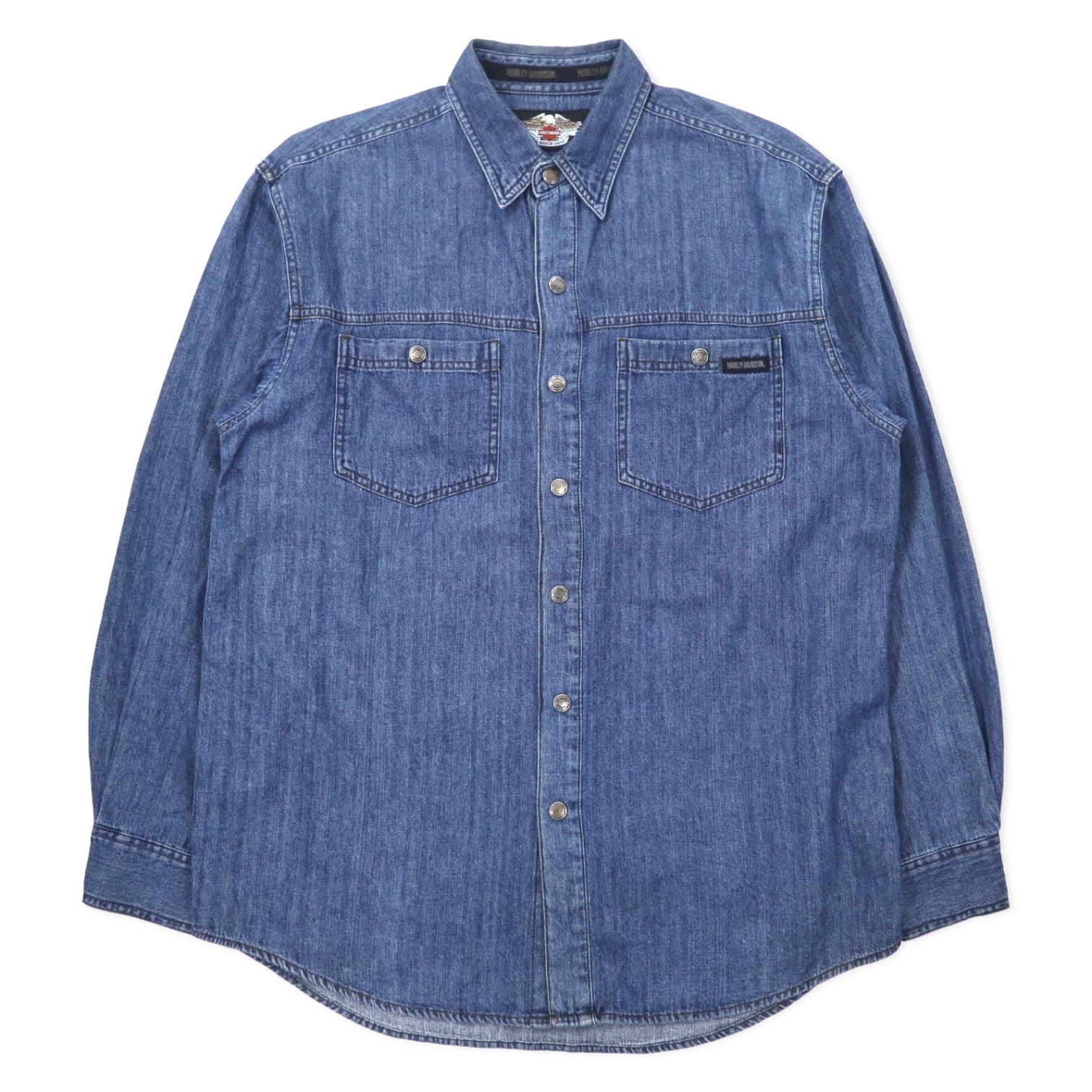 HARLEY DAVIDSON Camicia di jeans con logo ricamato sul retro XL Blu Cotone Bottoni a pressione