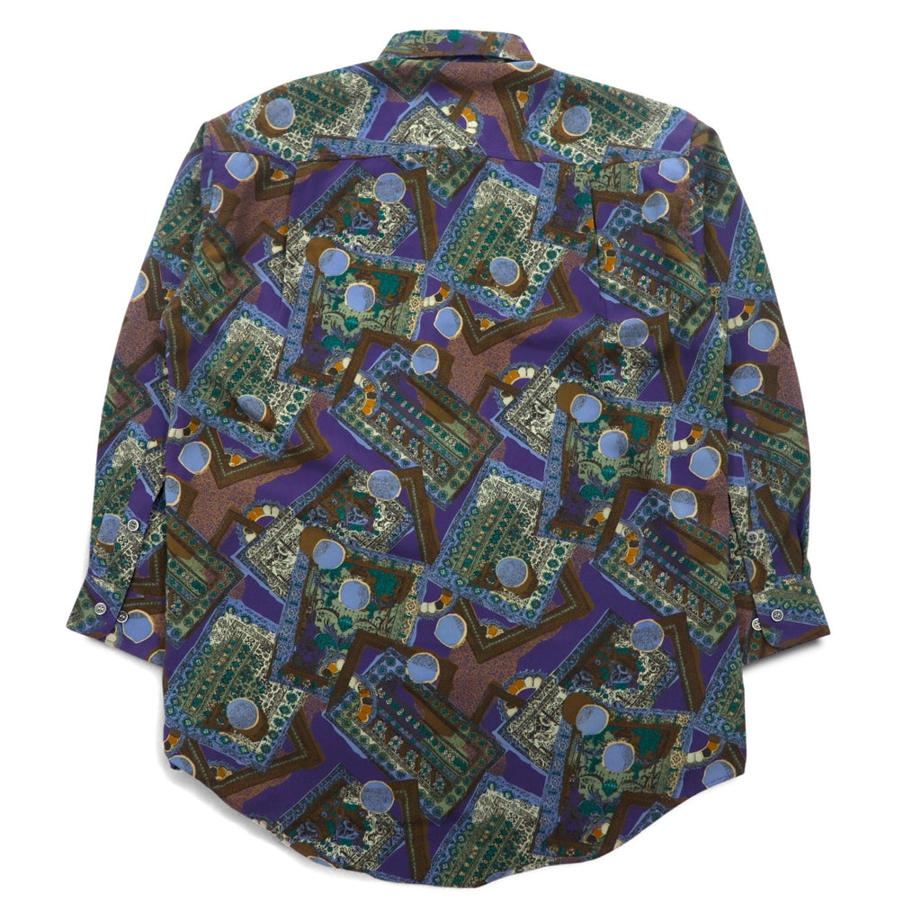 Camicia vintage anni '90 con fantasia geometrica retrò, motivo all-over ORANGE FIELD, poliestere, taglia M, colore viola