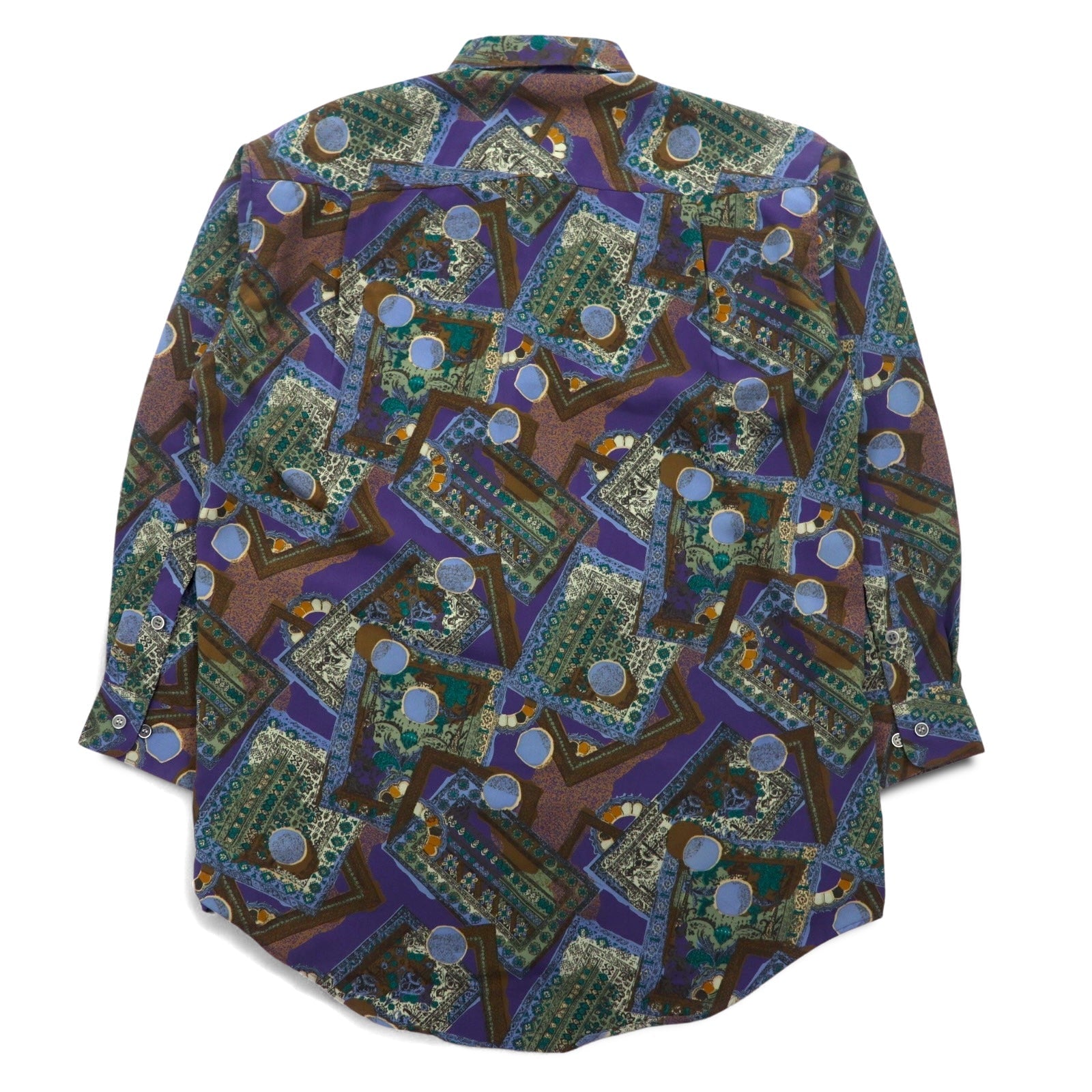 Camicia vintage anni '90 con fantasia geometrica retrò, motivo all-over ORANGE FIELD, poliestere, taglia M, colore viola