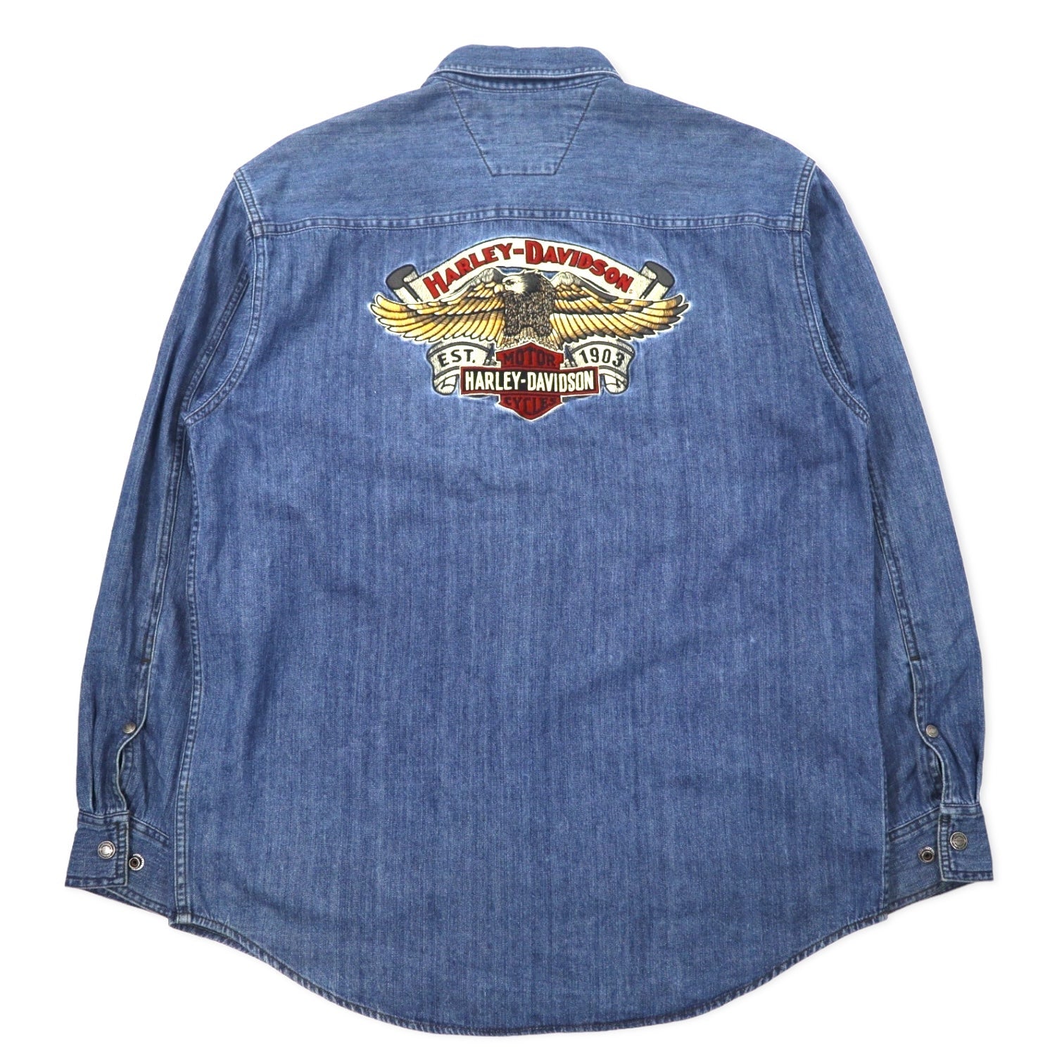 HARLEY DAVIDSON Camicia di jeans con logo ricamato sul retro XL Blu Cotone Bottoni a pressione