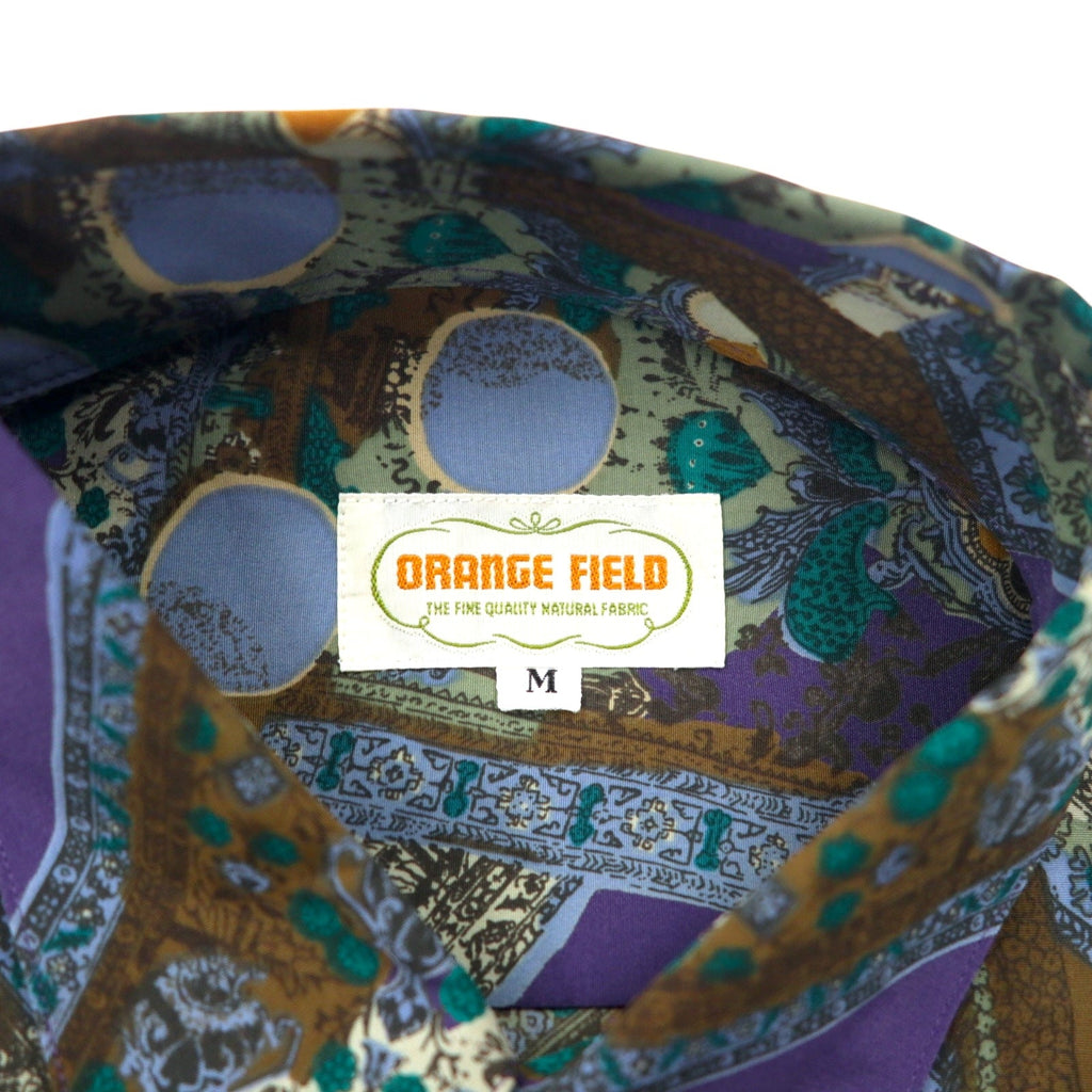 Camicia vintage anni '90 con fantasia geometrica retrò, motivo all-over ORANGE FIELD, poliestere, taglia M, colore viola
