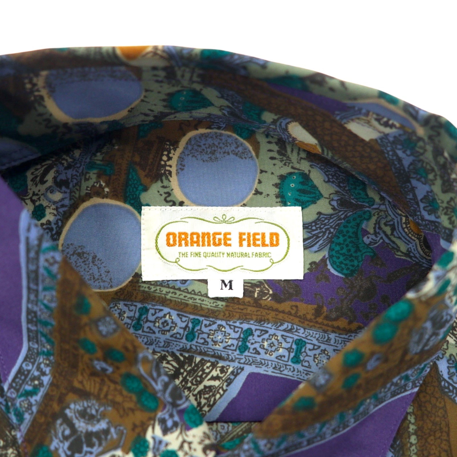 Camicia vintage anni '90 con fantasia geometrica retrò, motivo all-over ORANGE FIELD, poliestere, taglia M, colore viola