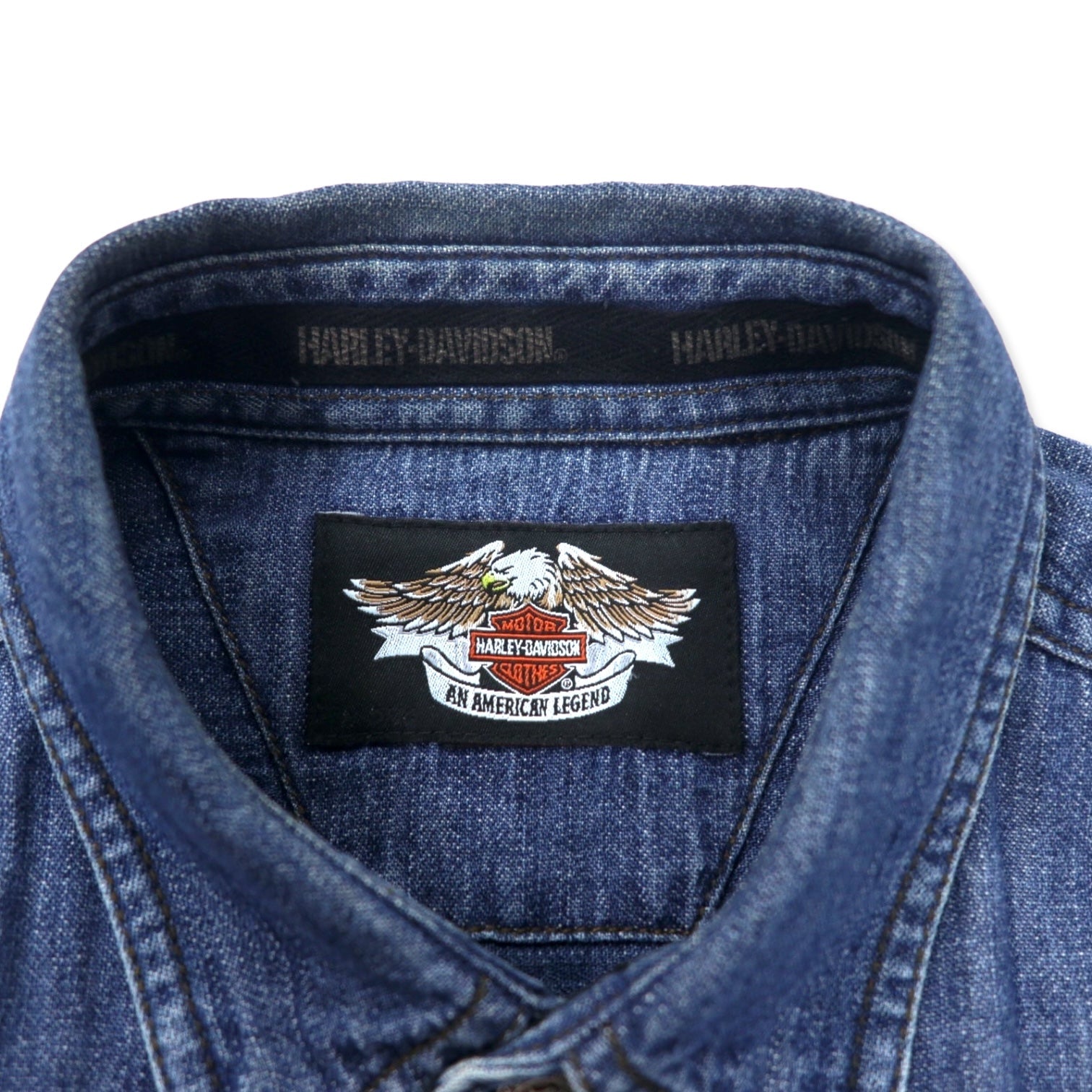 HARLEY DAVIDSON Camicia di jeans con logo ricamato sul retro XL Blu Cotone Bottoni a pressione
