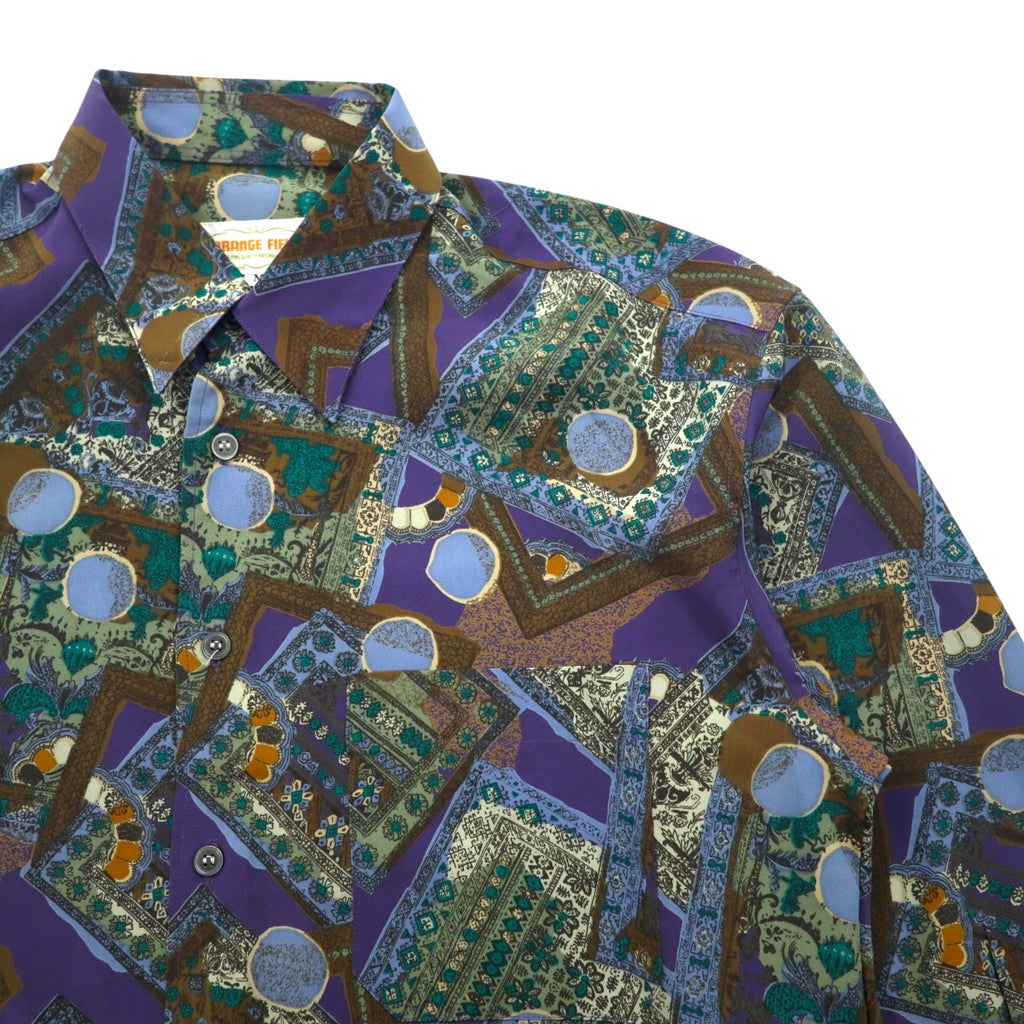 Camicia vintage anni '90 con fantasia geometrica retrò, motivo all-over ORANGE FIELD, poliestere, taglia M, colore viola