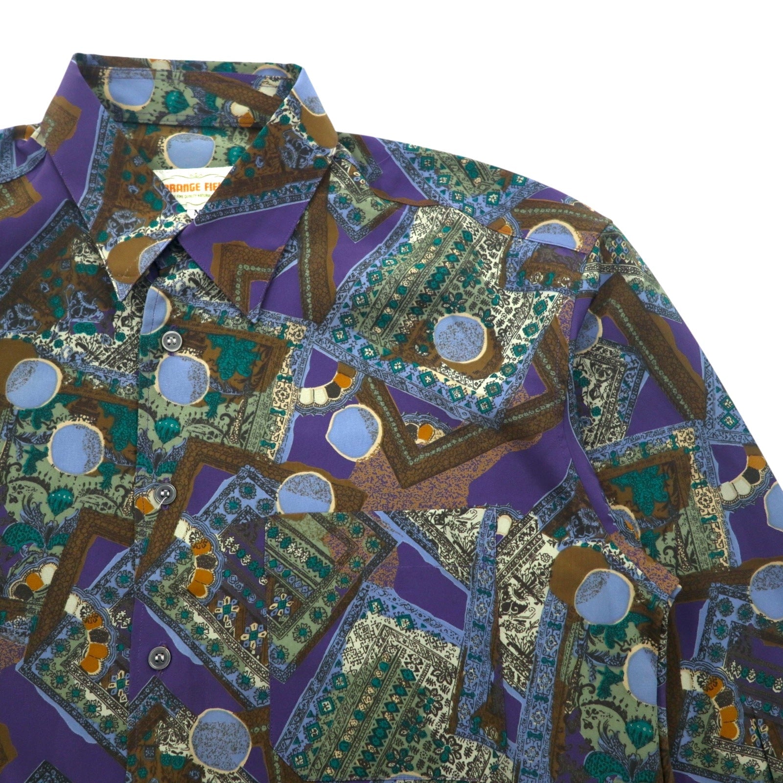 Camicia vintage anni '90 con fantasia geometrica retrò, motivo all-over ORANGE FIELD, poliestere, taglia M, colore viola