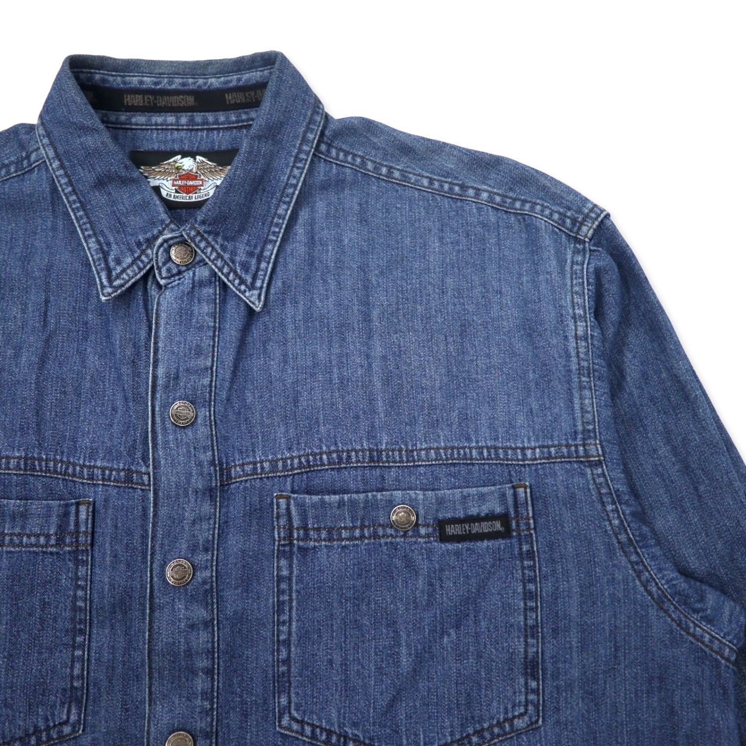 HARLEY DAVIDSON Camicia di jeans con logo ricamato sul retro XL Blu Cotone Bottoni a pressione