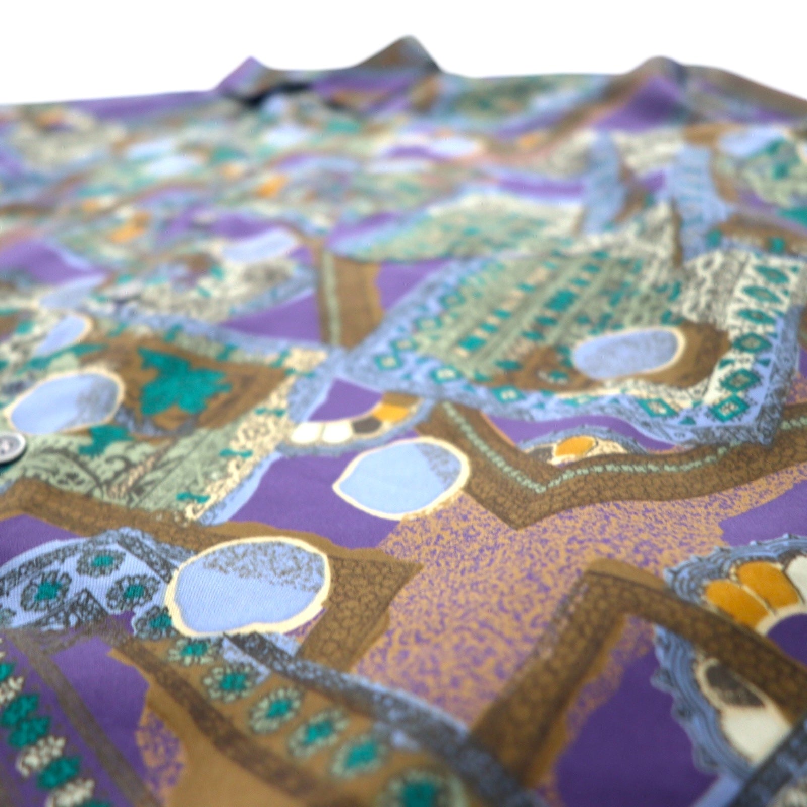 Camicia vintage anni '90 con fantasia geometrica retrò, motivo all-over ORANGE FIELD, poliestere, taglia M, colore viola