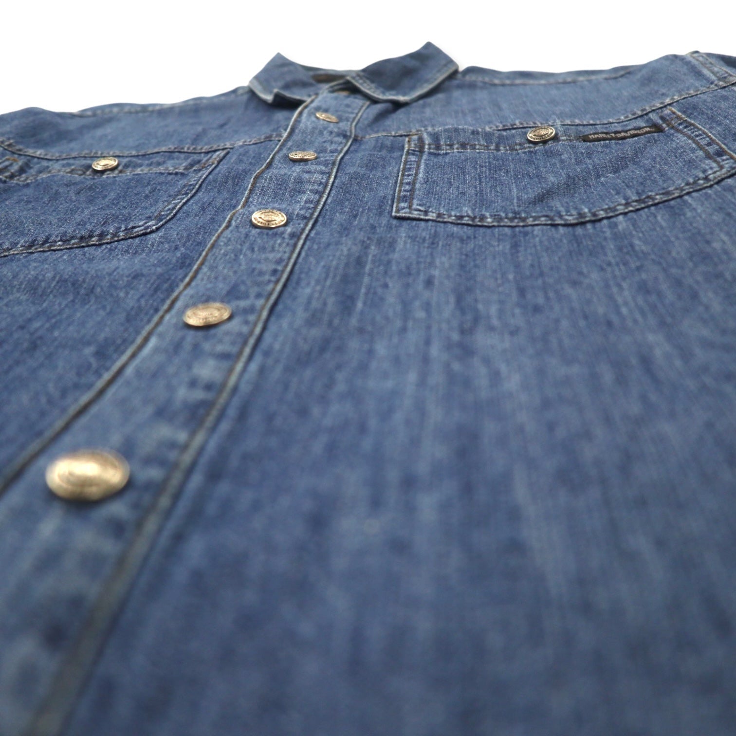 HARLEY DAVIDSON Camicia di jeans con logo ricamato sul retro XL Blu Cotone Bottoni a pressione