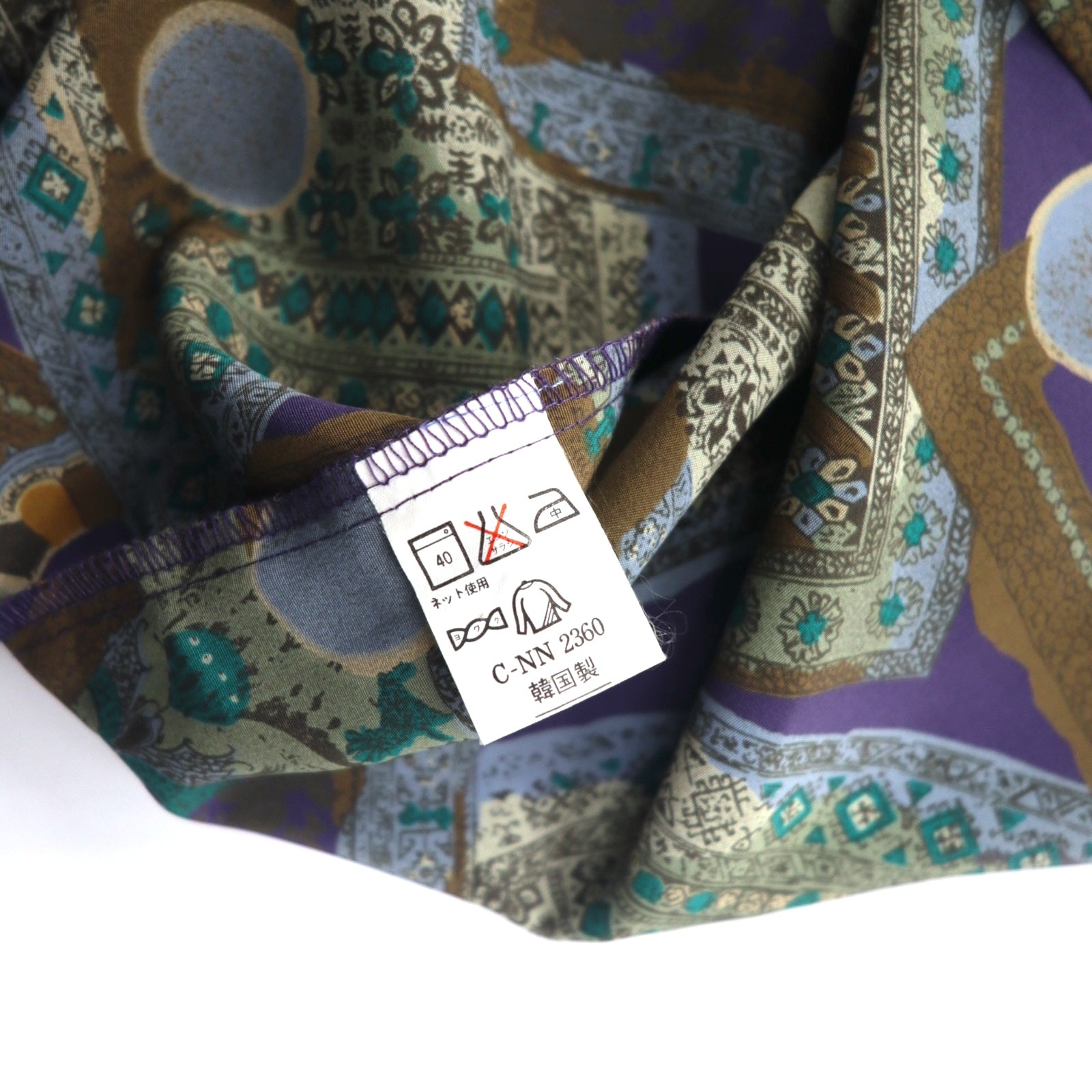 Camicia vintage anni '90 con fantasia geometrica retrò, motivo all-over ORANGE FIELD, poliestere, taglia M, colore viola