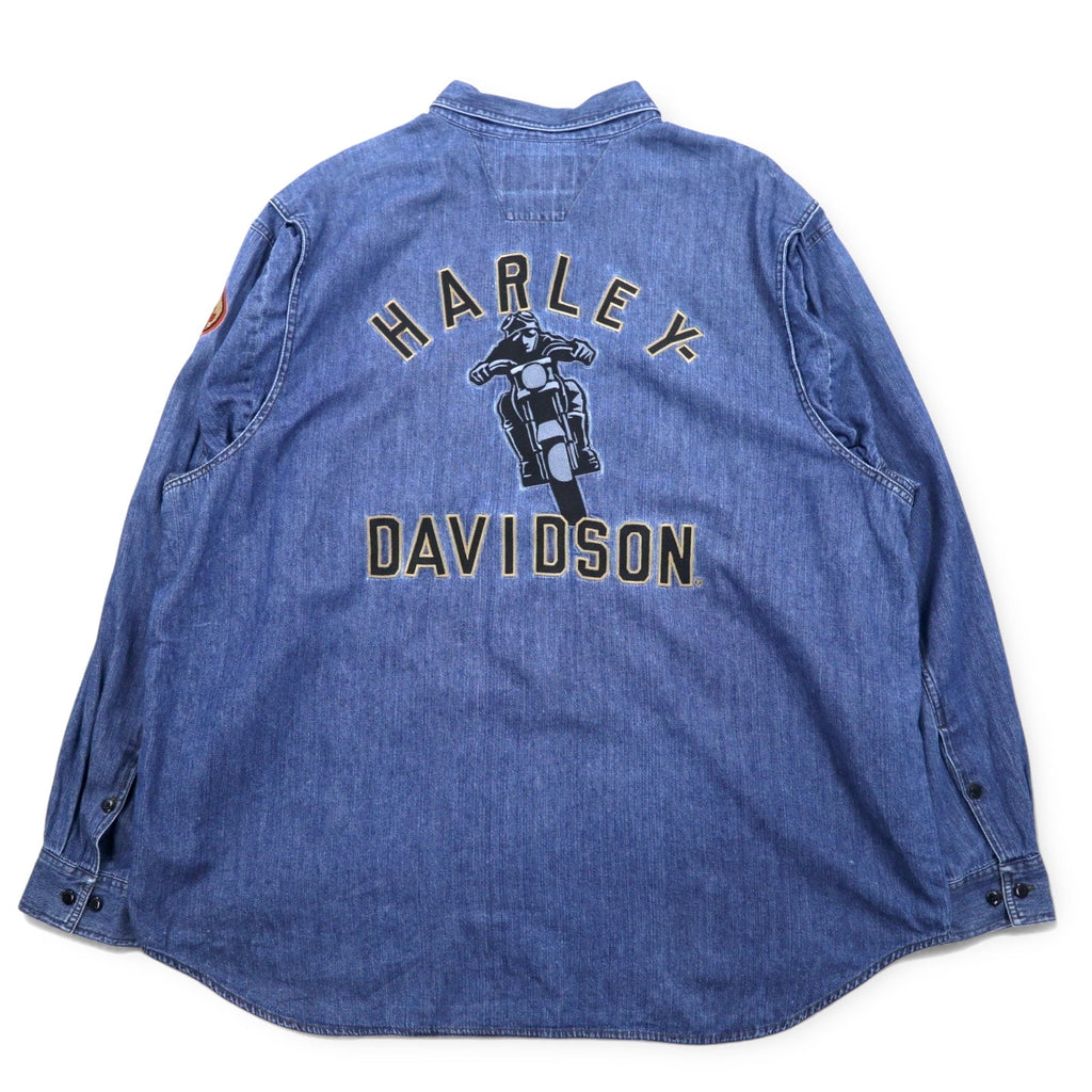 HARLEY DAVIDSON デニムシャツ XXXL ブルー コットン ロゴ刺繍 バックロゴ