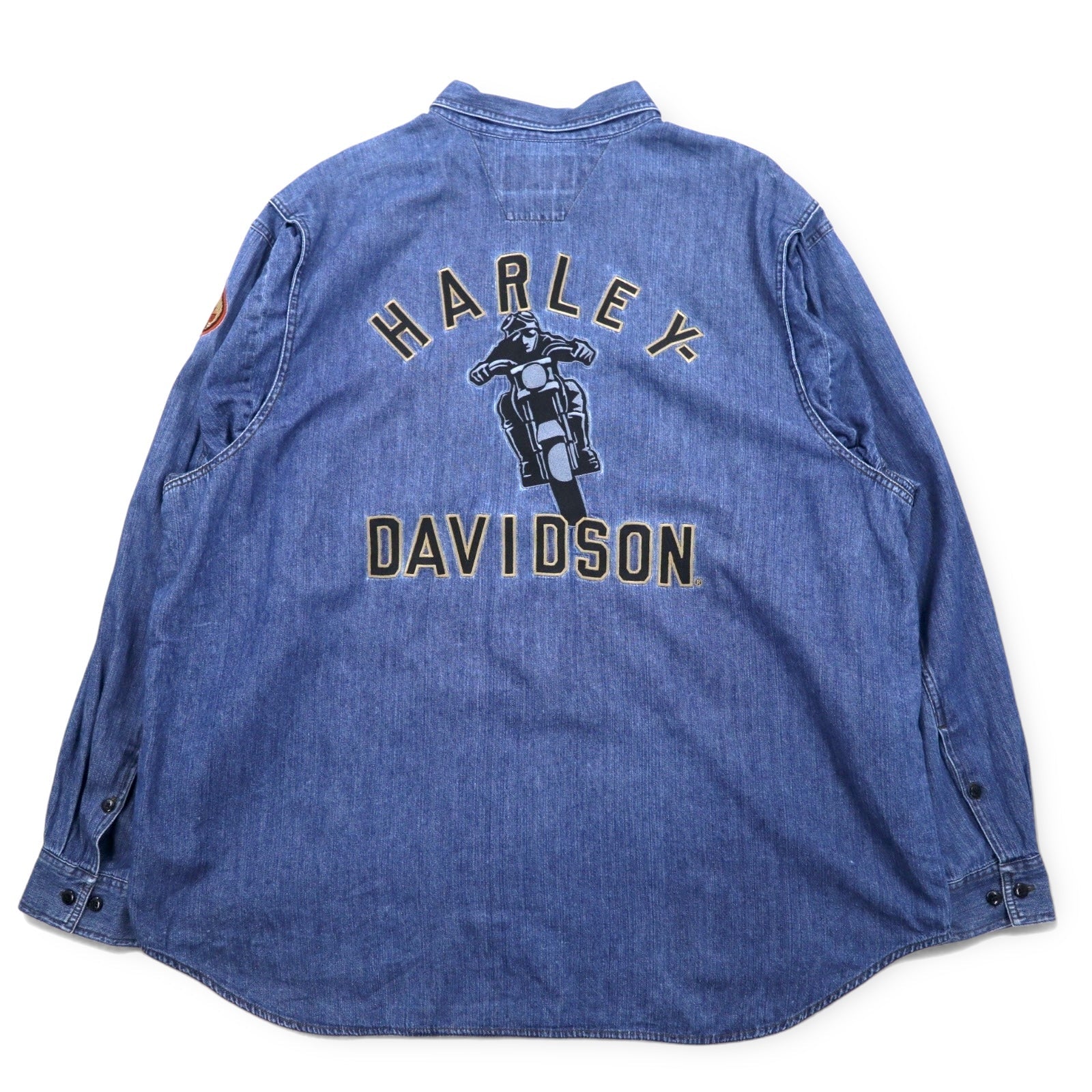 HARLEY DAVIDSON デニムシャツ XXXL ブルー コットン ロゴ刺繍 バックロゴ