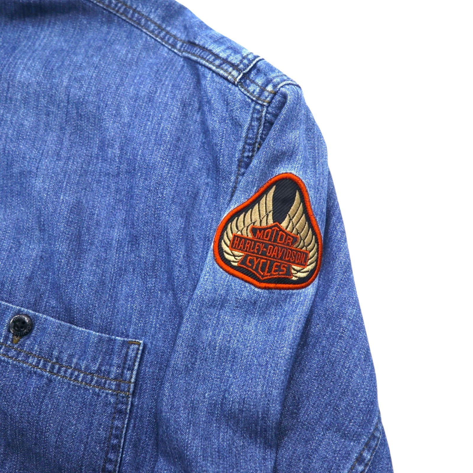 HARLEY DAVIDSON デニムシャツ XXXL ブルー コットン ロゴ刺繍 バックロゴ
