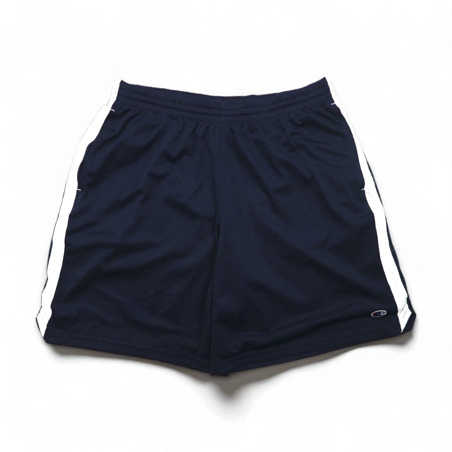 Pantaloncini corti Champion in mesh, taglia 2XL, blu navy, con banda laterale e logo, made in El Salvador