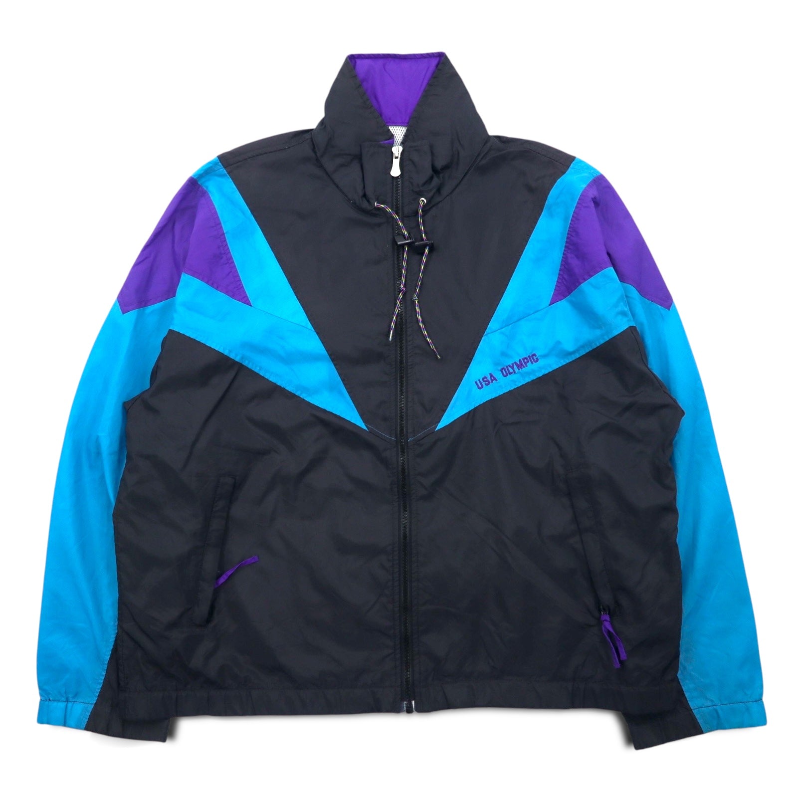 JC PENNEY Anni '90 Giacca da allenamento in nylon L Nera Fodera in mesh Cappuccio ripiegabile USA OLYMPIC