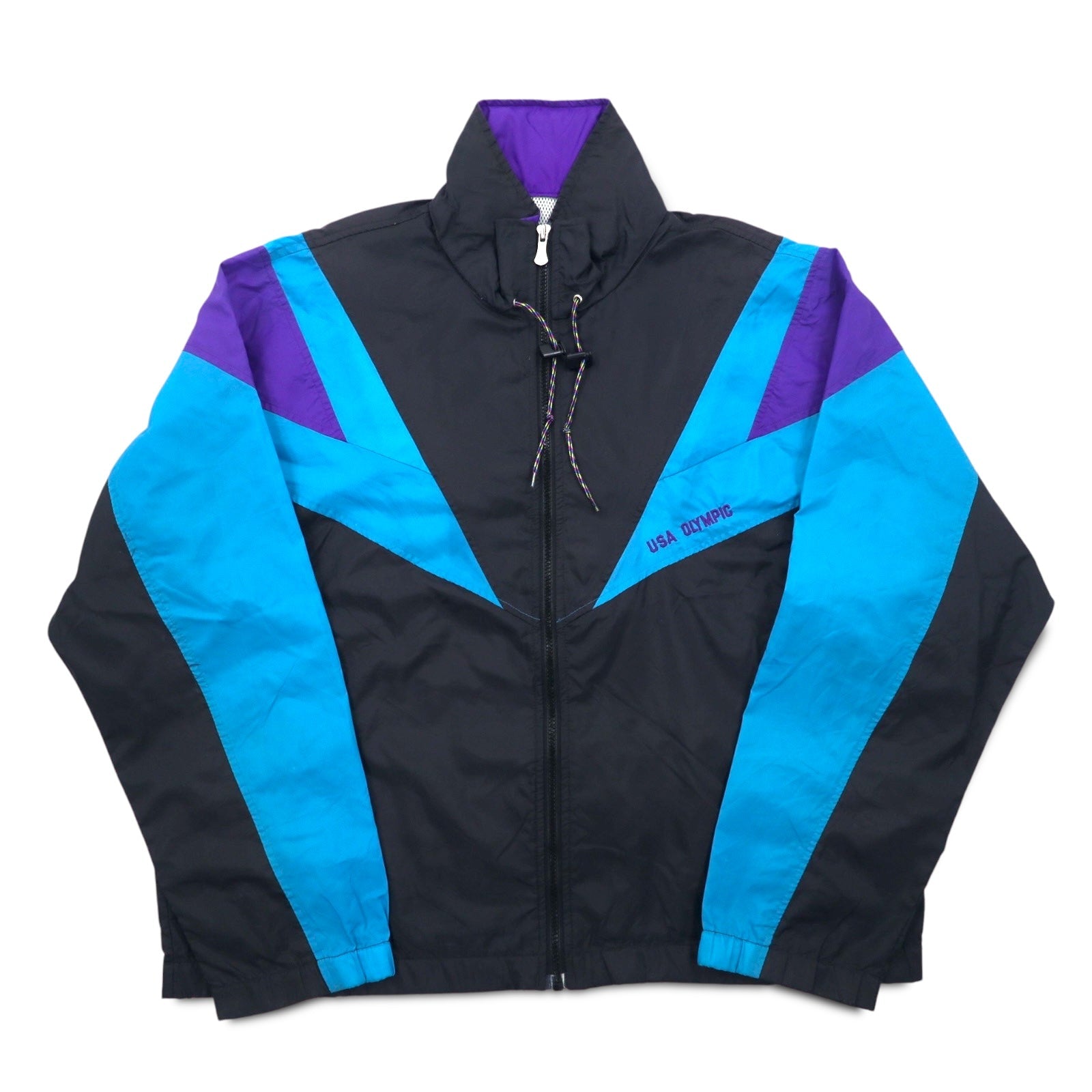 JC PENNEY Anni '90 Giacca da allenamento in nylon L Nera Fodera in mesh Cappuccio ripiegabile USA OLYMPIC