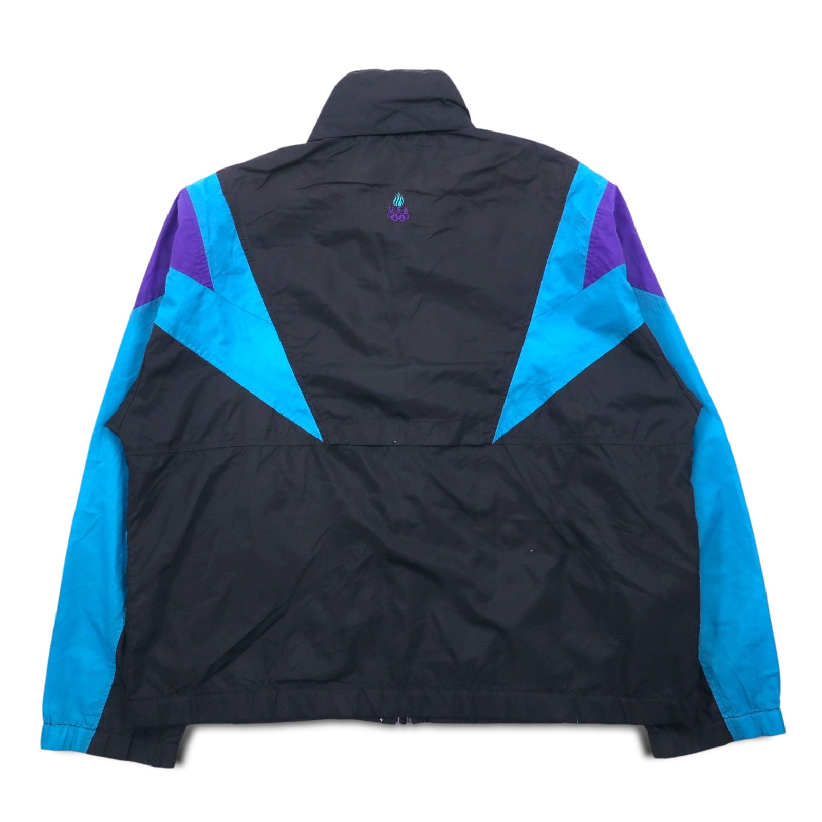 JC PENNEY Anni '90 Giacca da allenamento in nylon L Nera Fodera in mesh Cappuccio ripiegabile USA OLYMPIC