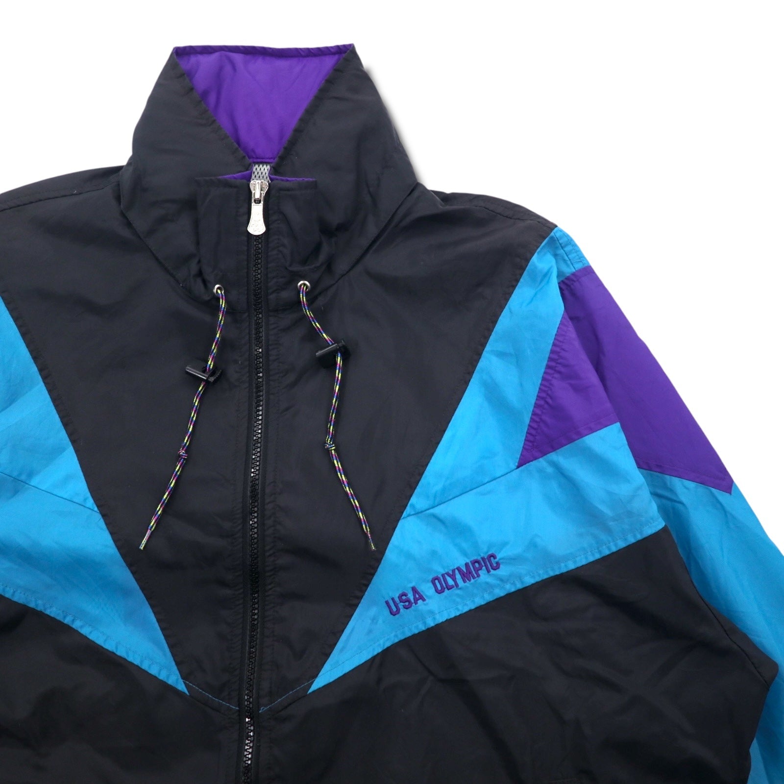 JC PENNEY Anni '90 Giacca da allenamento in nylon L Nera Fodera in mesh Cappuccio ripiegabile USA OLYMPIC