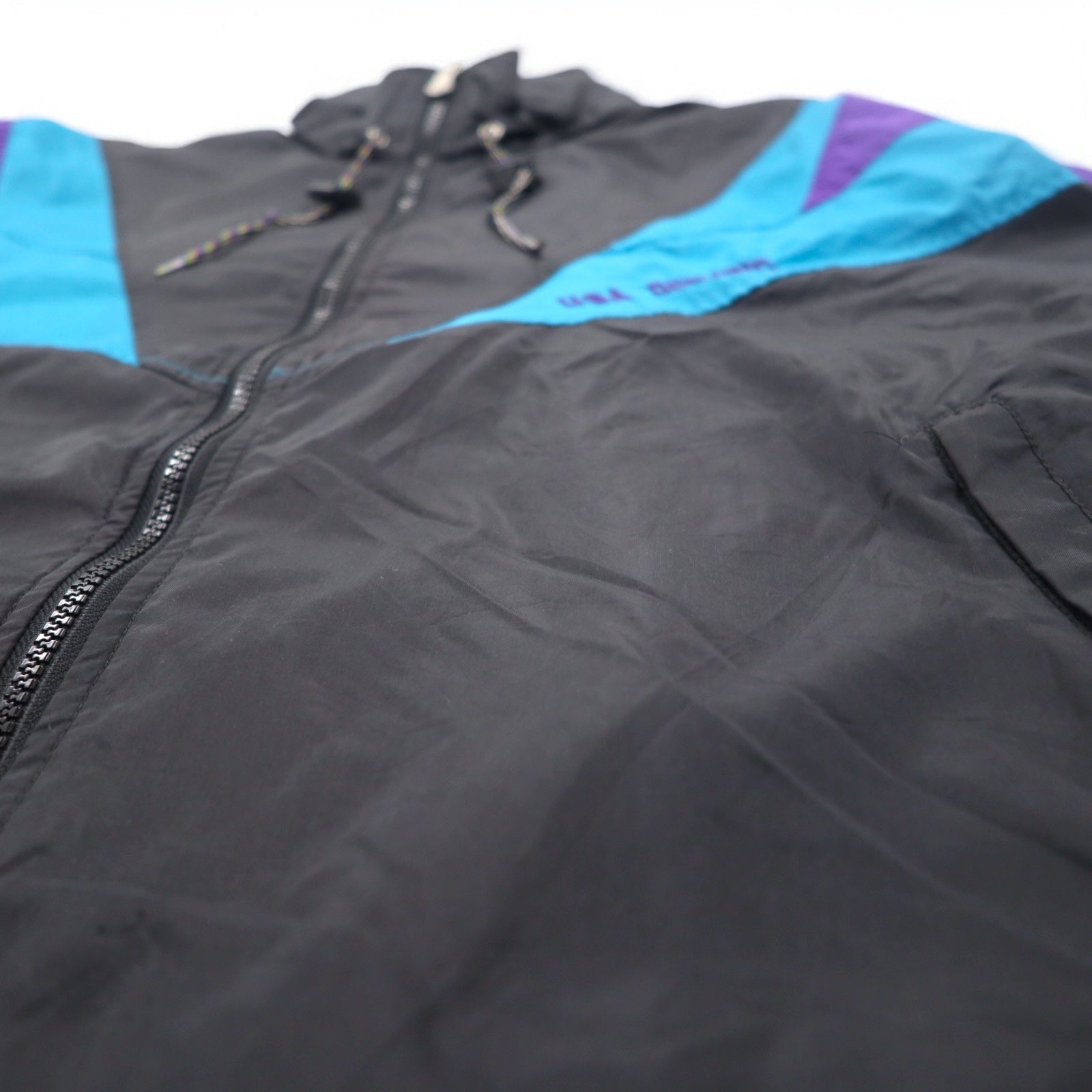 JC PENNEY Anni '90 Giacca da allenamento in nylon L Nera Fodera in mesh Cappuccio ripiegabile USA OLYMPIC